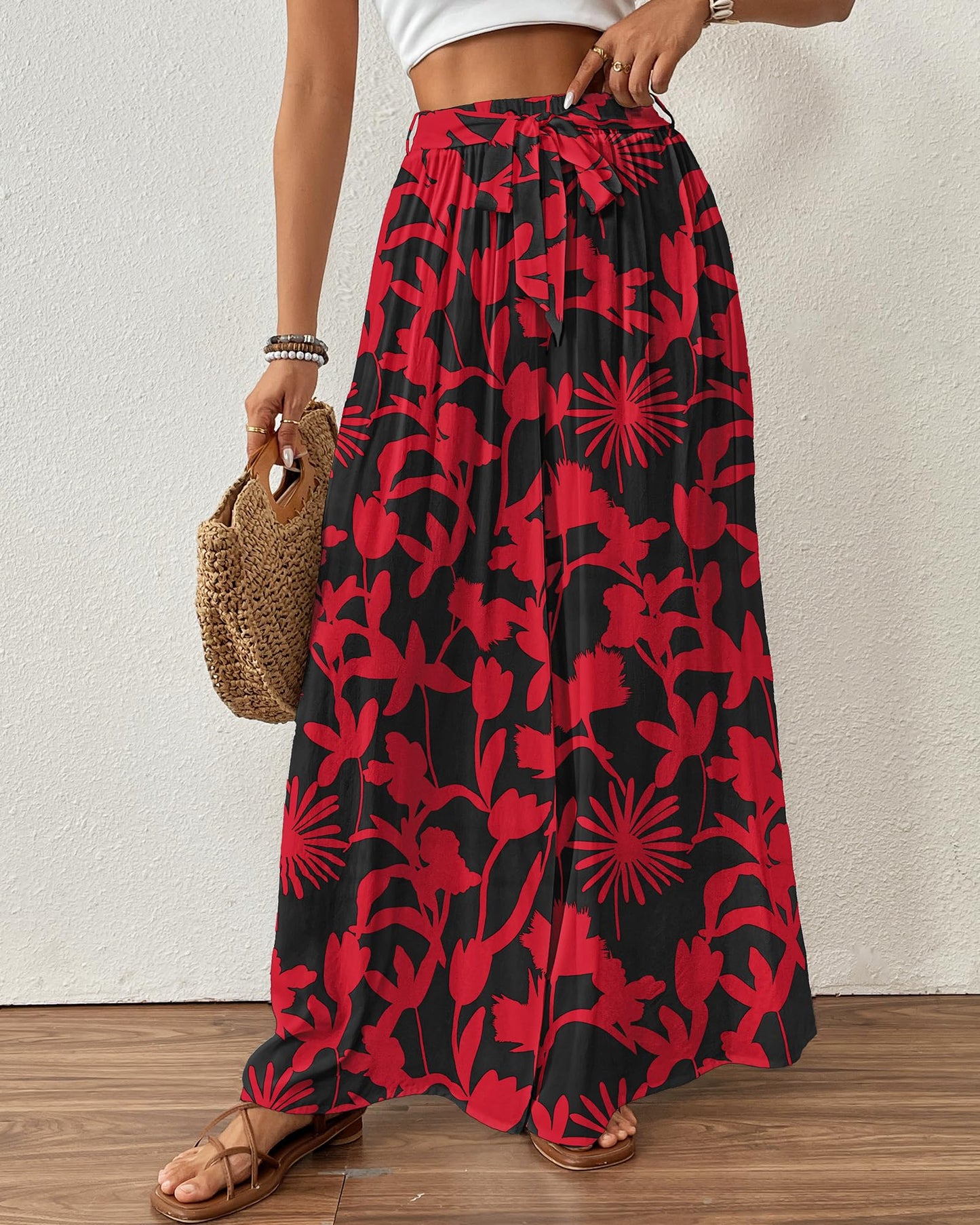 Bsubseach Wide Leg Pants Woman Flowy Floral Palazzo Pants for Women High Waisted Summer Casual Trousers Cruise Outfits Dark Green XS