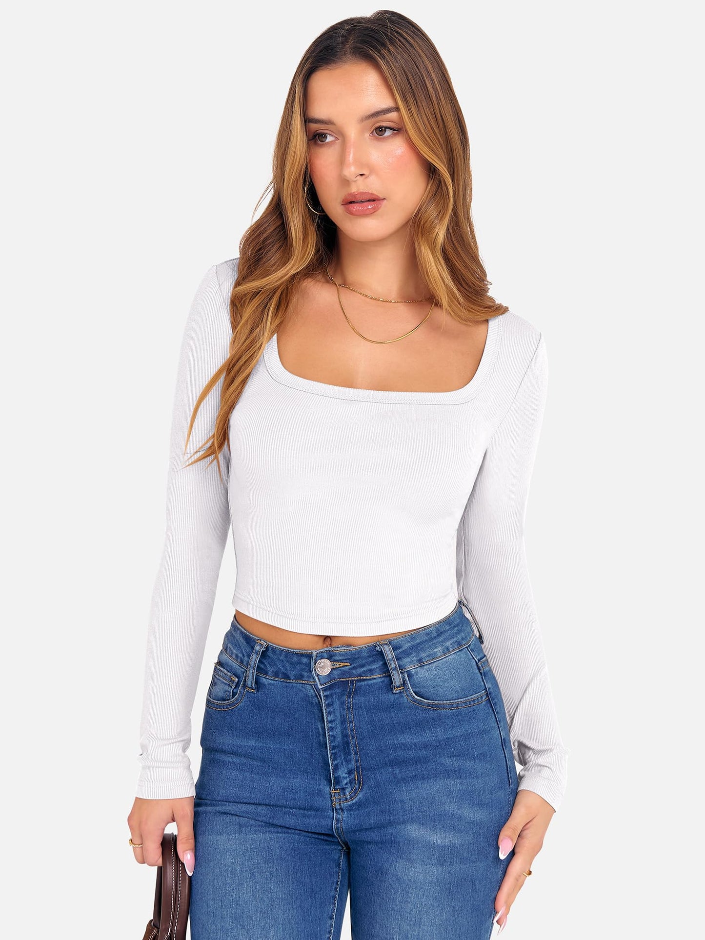 ANRABESS Women's Long Sleeve Crop Top Square Neck Ribbed Slim Fitted Shirts Casual Workout Basic Tees 2025 Fall Y2k Clothes Khaki Small