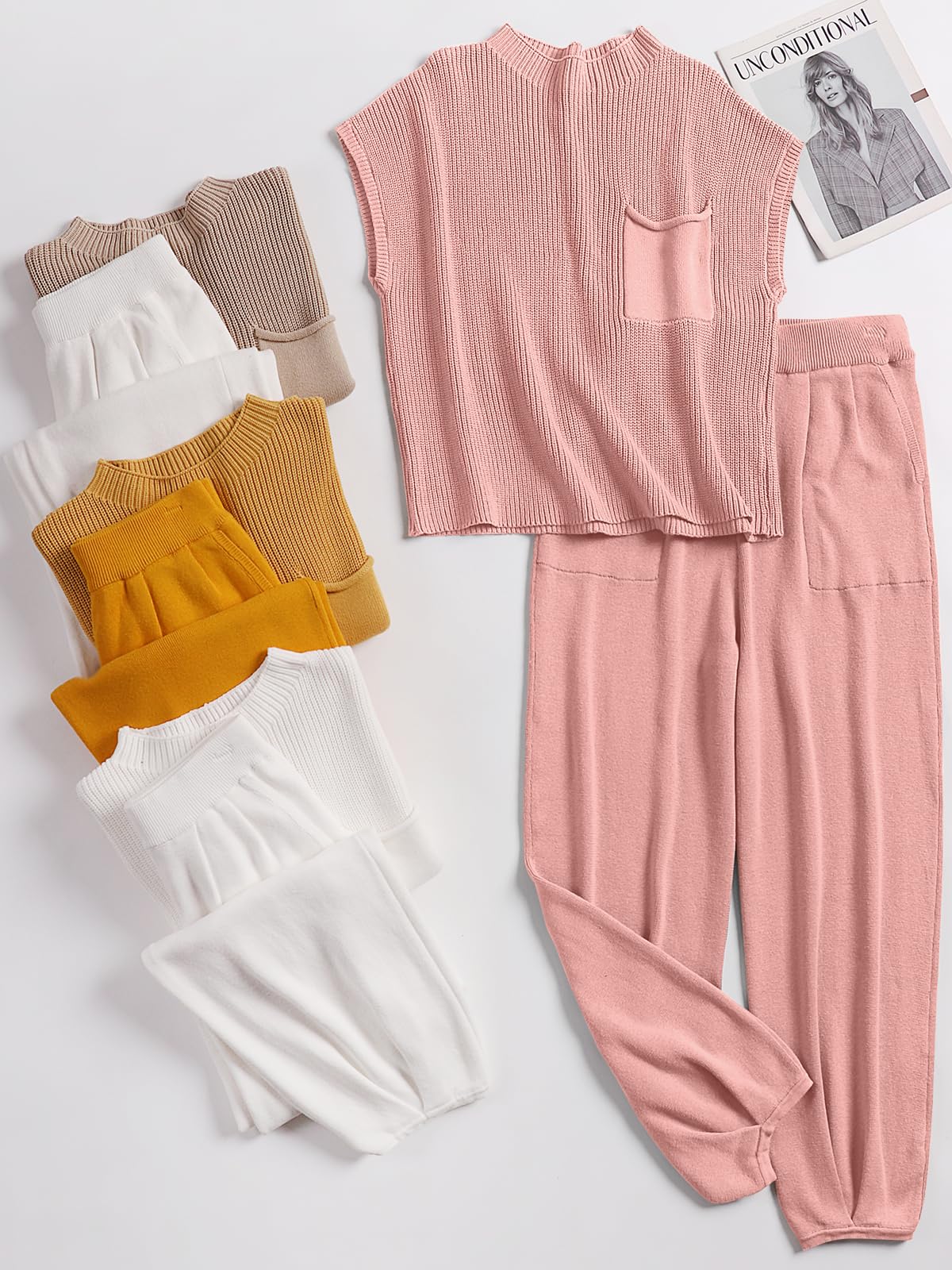 ANRABESS Women's Two Piece Outfits Knit Sweater Vest Crop Top Pants Lounge Matching Tracksuit Sweatsuit Travel Clothes Sets Pink X-Small