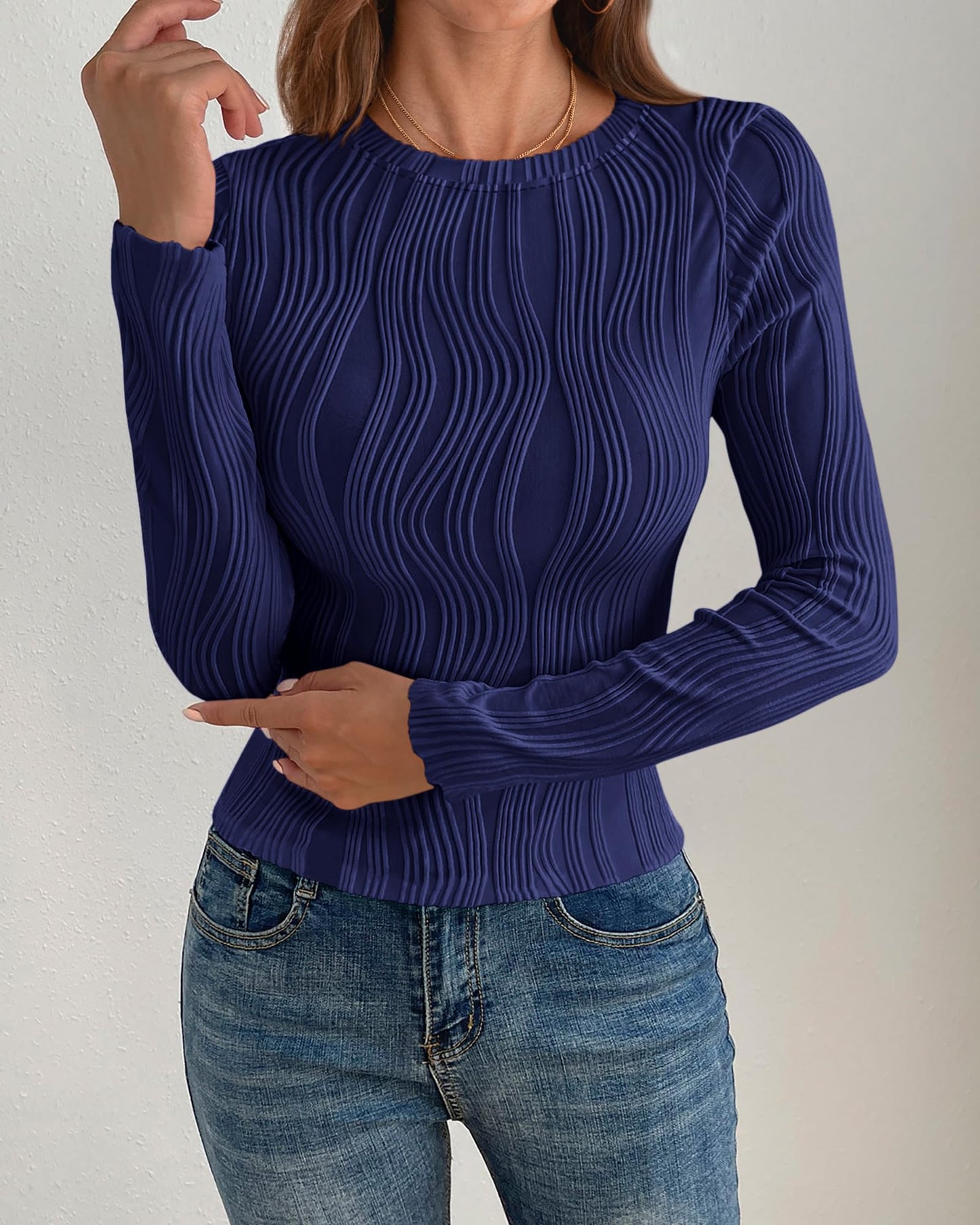 PRETTYGARDEN Women's Tops 2025 Spring Fashion Long Sleeve Crewneck Blouses Slim Fit Shirts Textured Knit Basic T Shirts(Khaki,Large)
