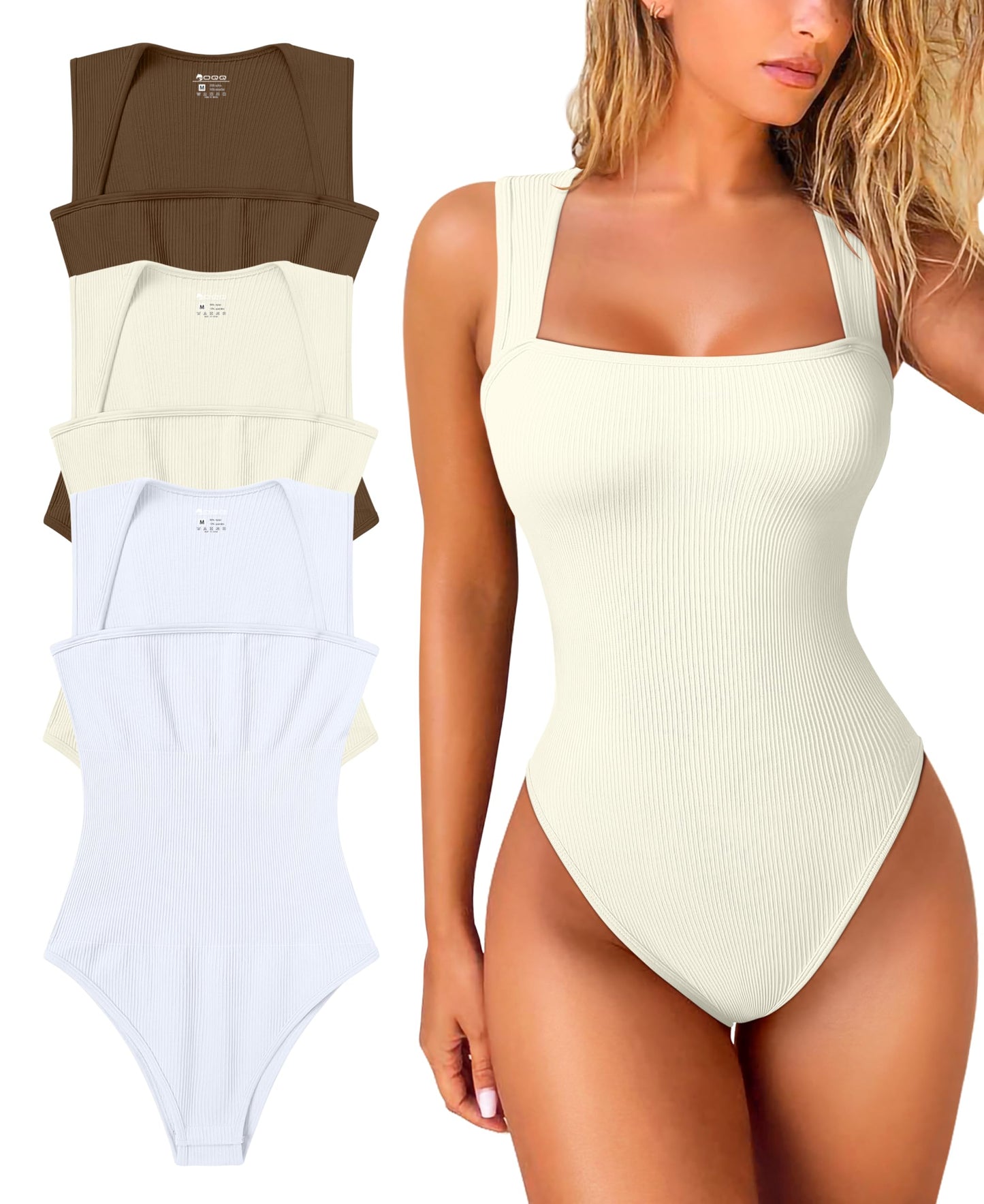OQQ Women's 3 Piece Bodysuits Sexy Ribbed Strappy Square Neck Sleeveless Tummy Control Tank Tops Bodysuits Black Coffee Beige
