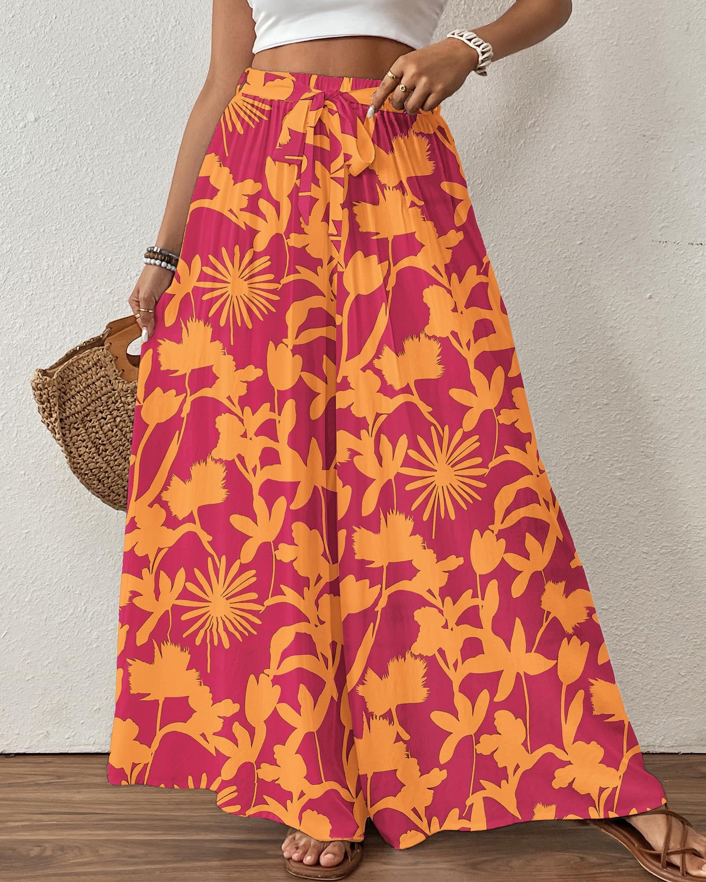 Bsubseach Wide Leg Pants Woman Flowy Floral Palazzo Pants for Women High Waisted Summer Casual Trousers Cruise Outfits Dark Green XS