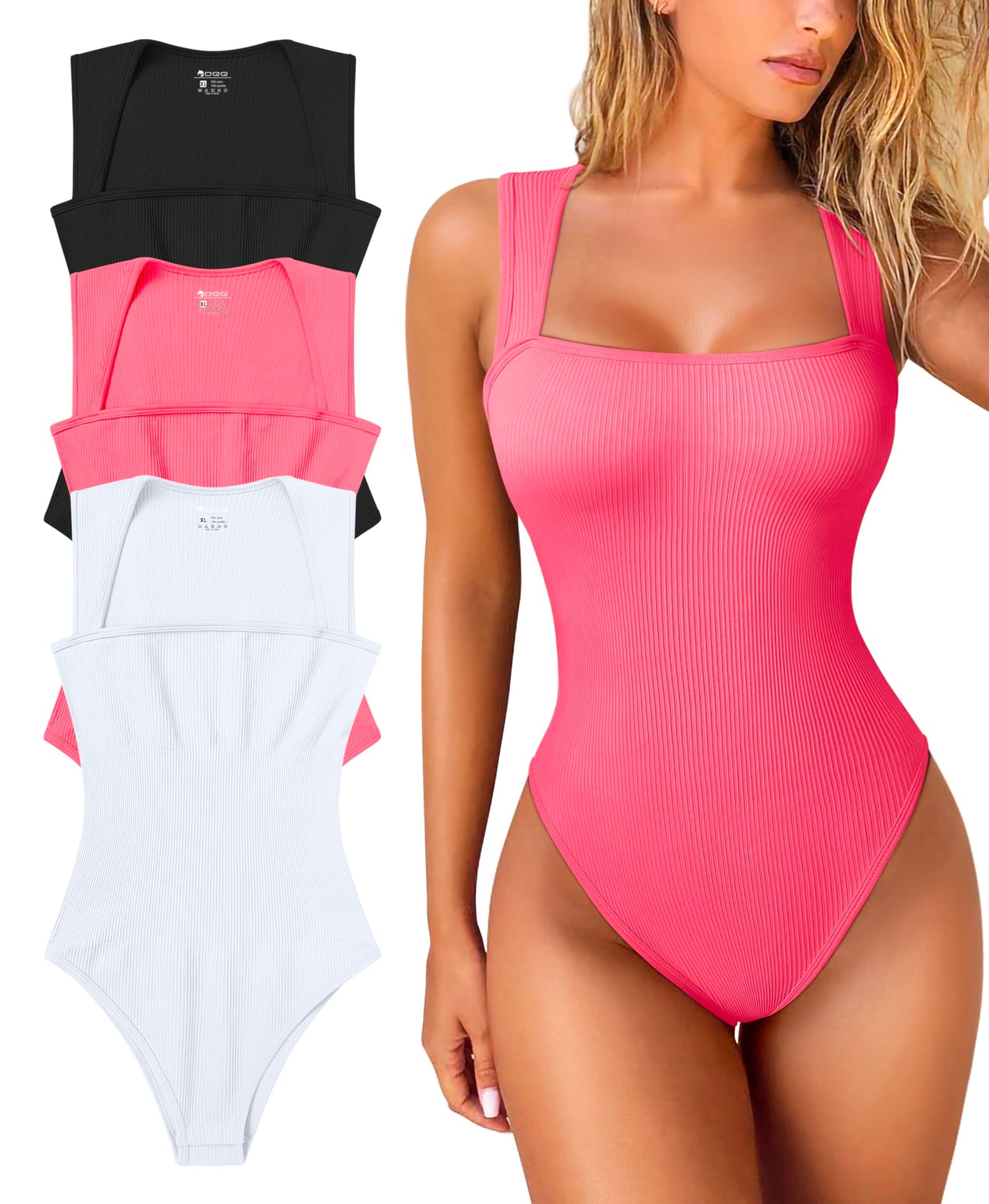 OQQ Women's 3 Piece Bodysuits Sexy Ribbed Strappy Square Neck Sleeveless Tummy Control Tank Tops Bodysuits Black Coffee Beige