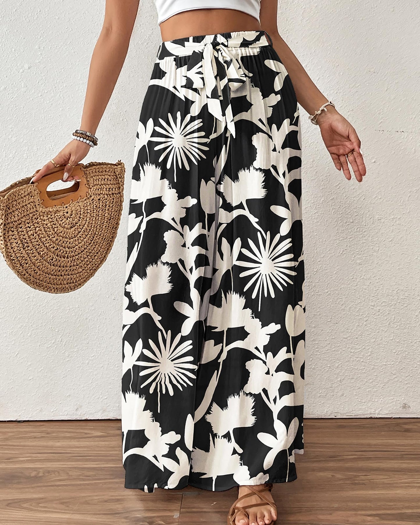 Bsubseach Wide Leg Pants Woman Flowy Floral Palazzo Pants for Women High Waisted Summer Casual Trousers Cruise Outfits Dark Green XS