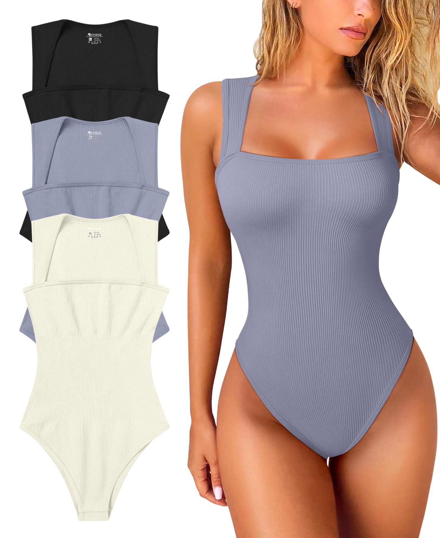 OQQ Women's 3 Piece Bodysuits Sexy Ribbed Strappy Square Neck Sleeveless Tummy Control Tank Tops Bodysuits Black Coffee Beige