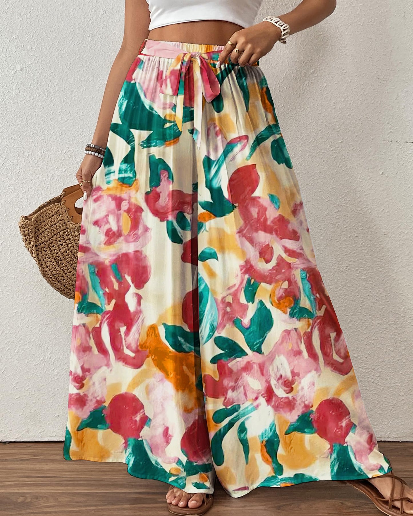 Bsubseach Wide Leg Pants Woman Flowy Floral Palazzo Pants for Women High Waisted Summer Casual Trousers Cruise Outfits Dark Green XS