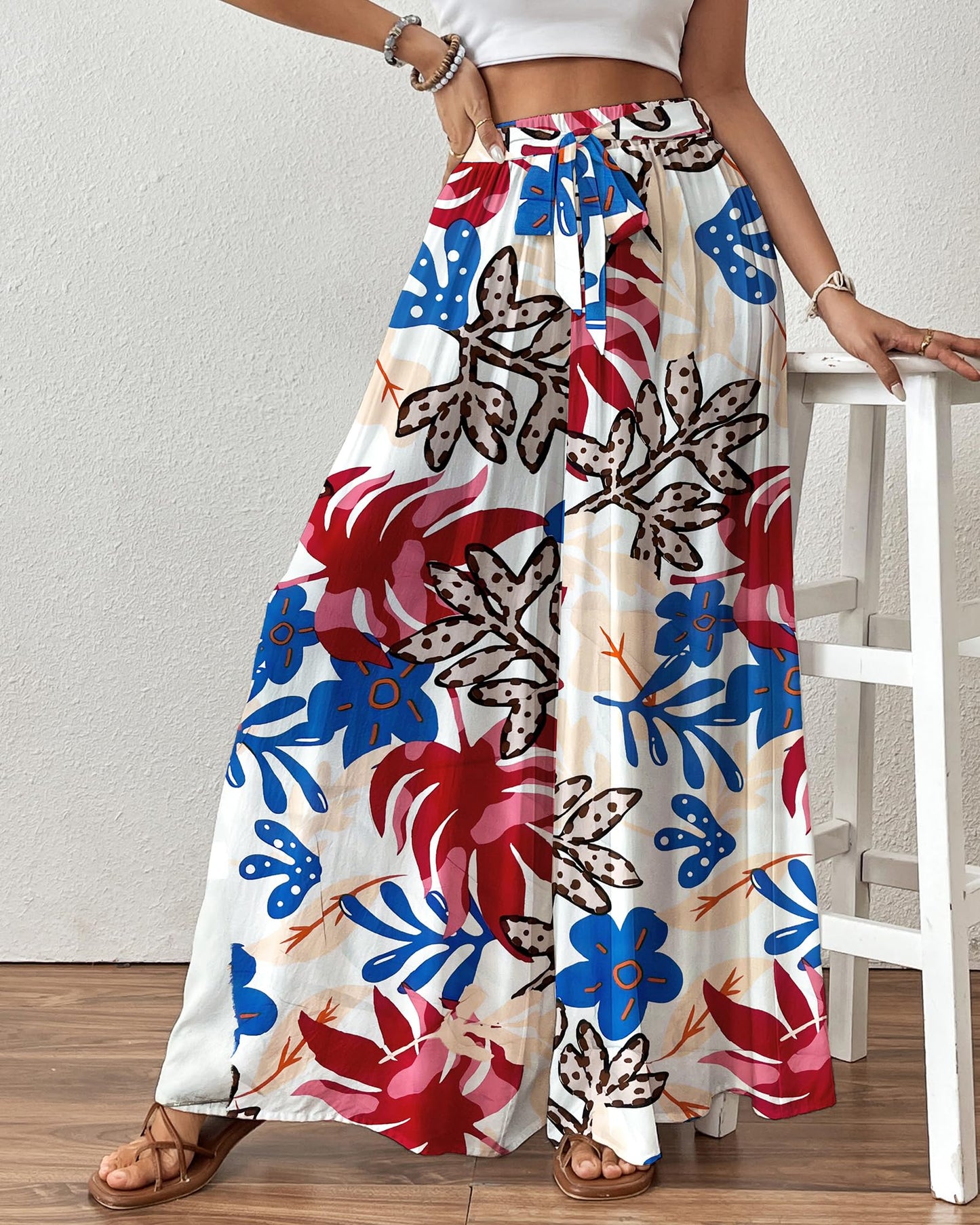 Bsubseach Wide Leg Pants Woman Flowy Floral Palazzo Pants for Women High Waisted Summer Casual Trousers Cruise Outfits Dark Green XS