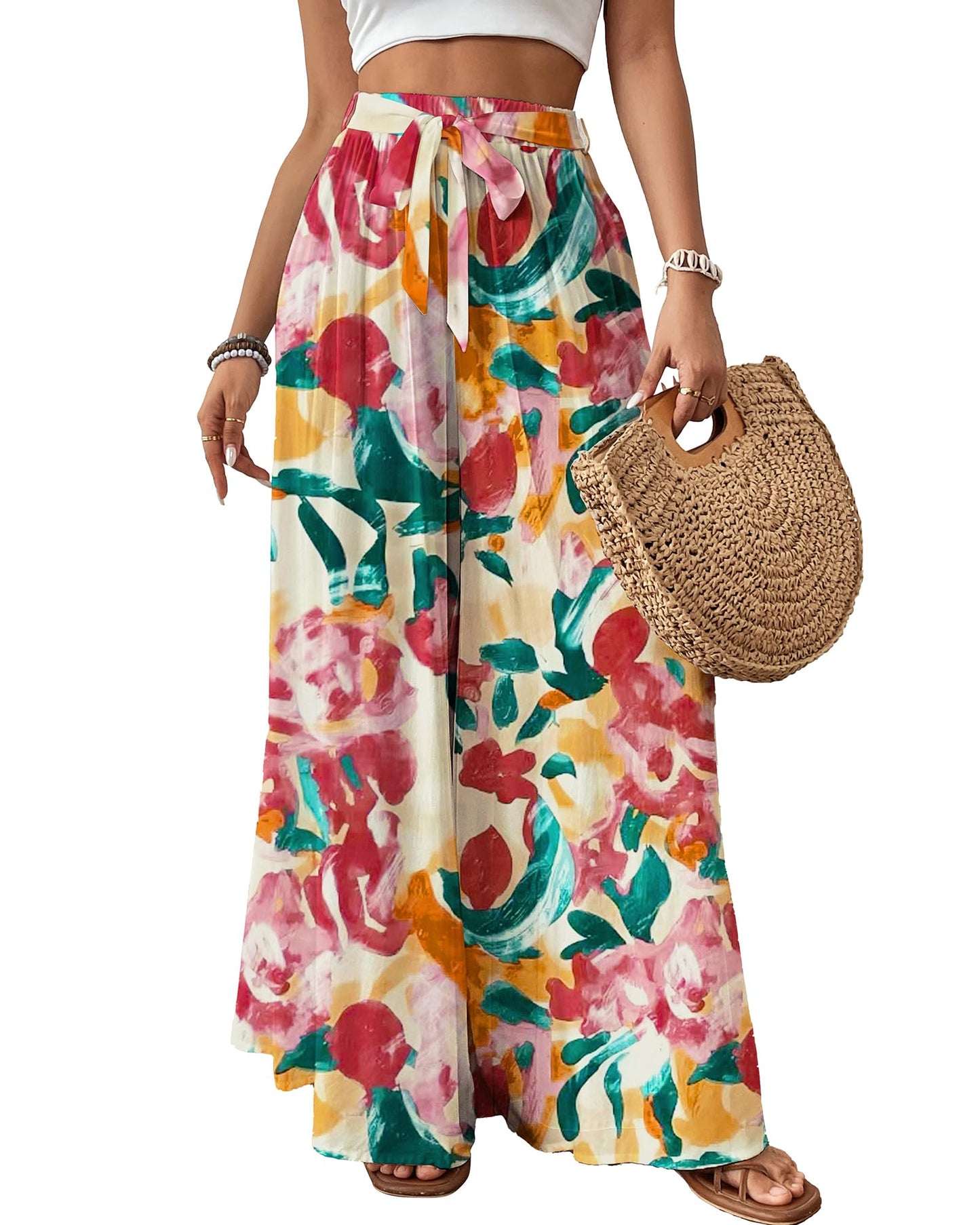 Bsubseach Wide Leg Pants Woman Flowy Floral Palazzo Pants for Women High Waisted Summer Casual Trousers Cruise Outfits Dark Green XS