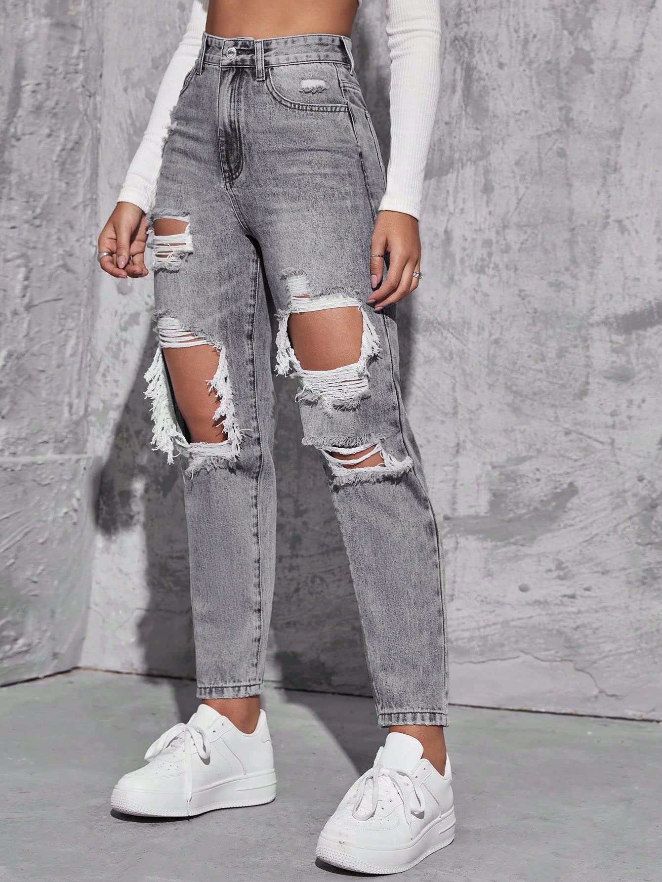 Floerns Women's High Waist Boyfriend Straight Leg Ripped Jeans Distressed Denim Pants Light Blue Large