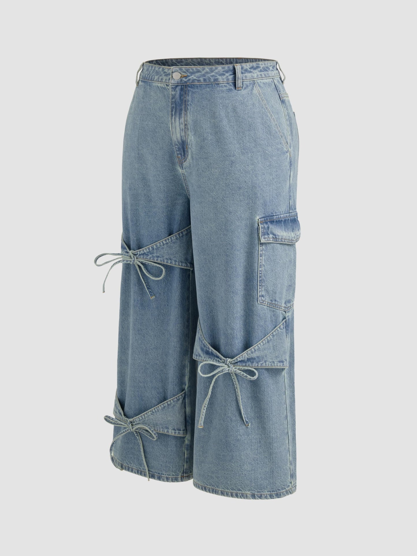 CIDER Baggy Jeans for Women Low Waisted Wide Straight Leg Bow Jeans Denim Pants Beige