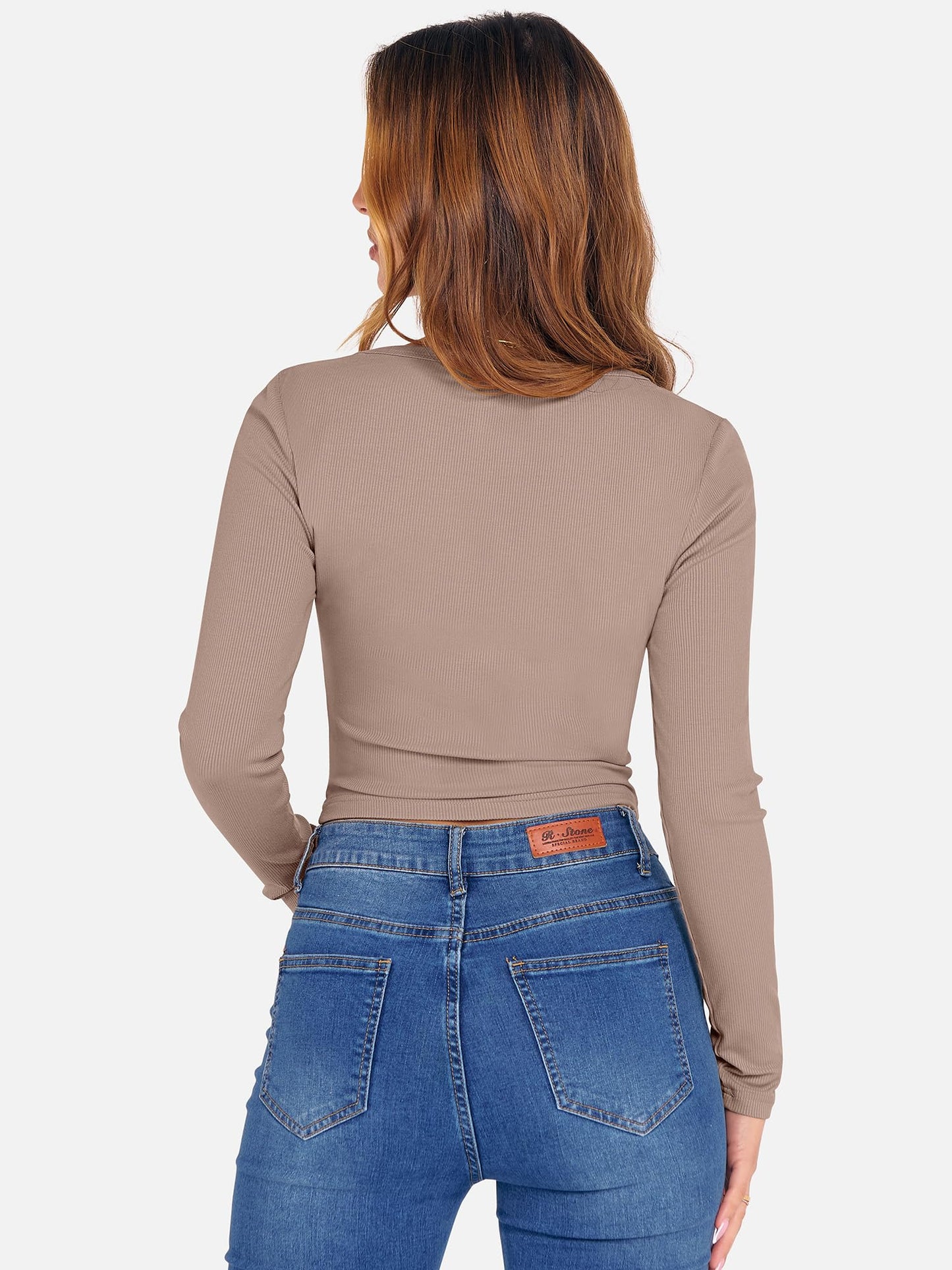 ANRABESS Women's Long Sleeve Crop Top Square Neck Ribbed Slim Fitted Shirts Casual Workout Basic Tees 2025 Fall Y2k Clothes Khaki Small