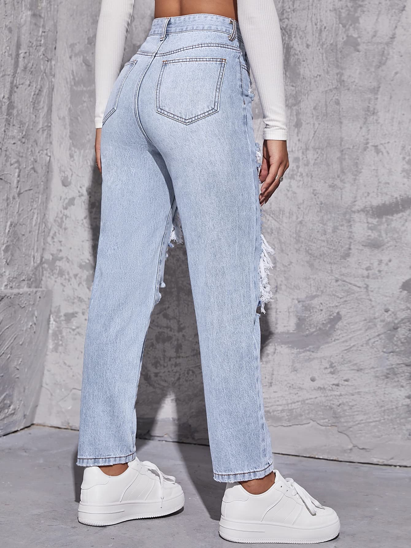 Floerns Women's High Waist Boyfriend Straight Leg Ripped Jeans Distressed Denim Pants Light Blue Large