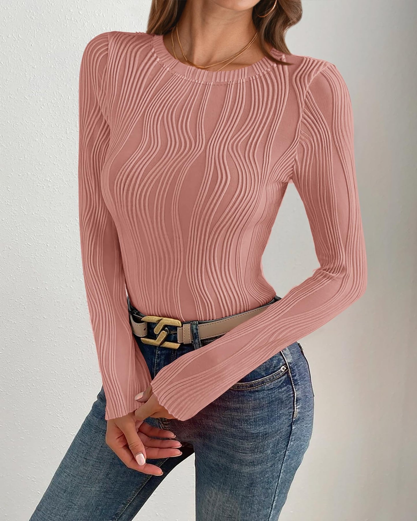 PRETTYGARDEN Women's Tops 2025 Spring Fashion Long Sleeve Crewneck Blouses Slim Fit Shirts Textured Knit Basic T Shirts(Khaki,Large)