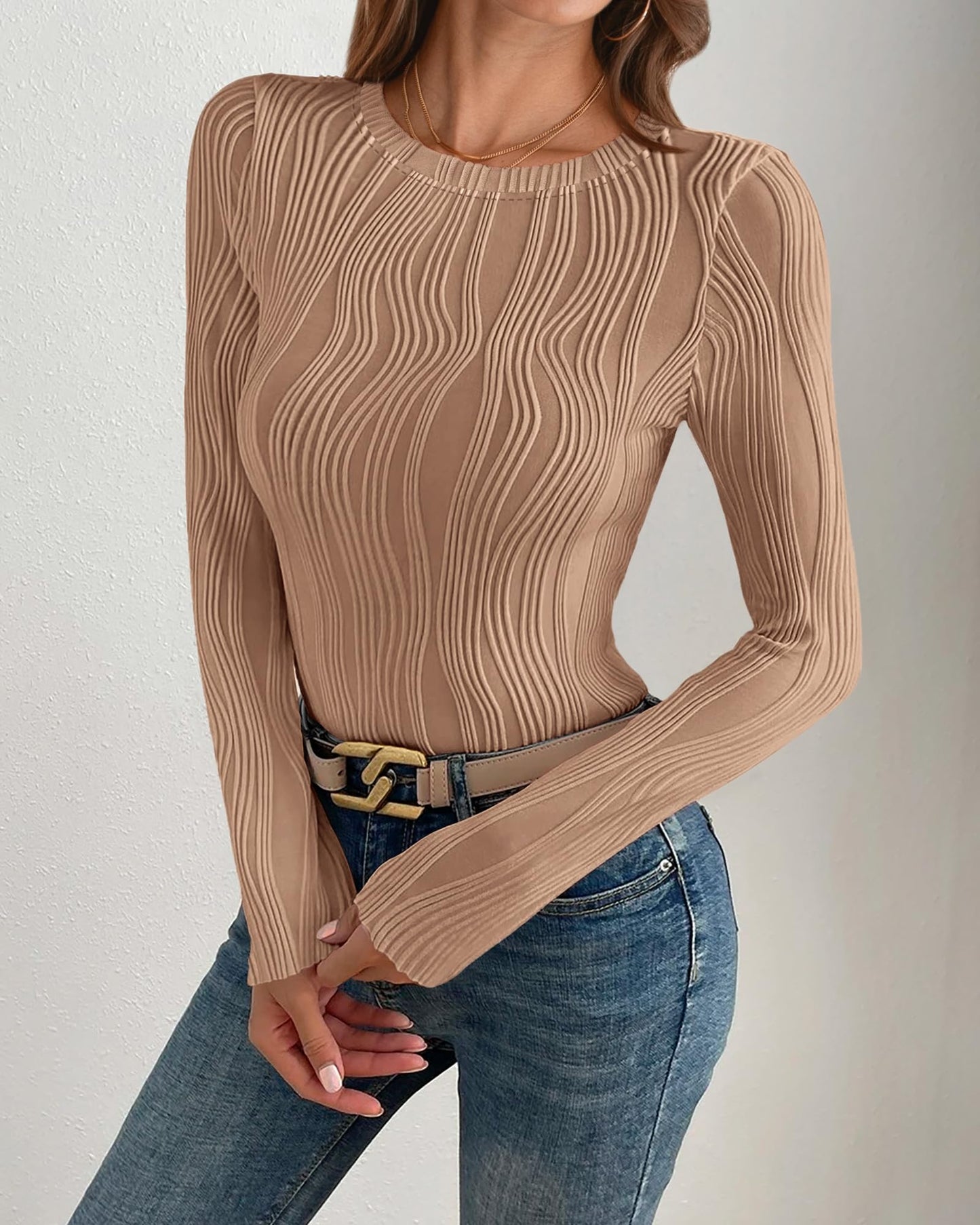 PRETTYGARDEN Women's Tops 2025 Spring Fashion Long Sleeve Crewneck Blouses Slim Fit Shirts Textured Knit Basic T Shirts(Khaki,Large)