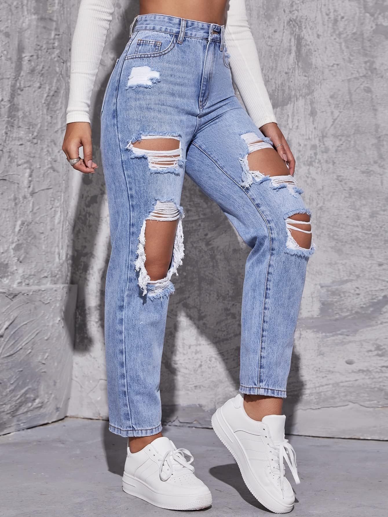 Floerns Women's High Waist Boyfriend Straight Leg Ripped Jeans Distressed Denim Pants Light Blue Large