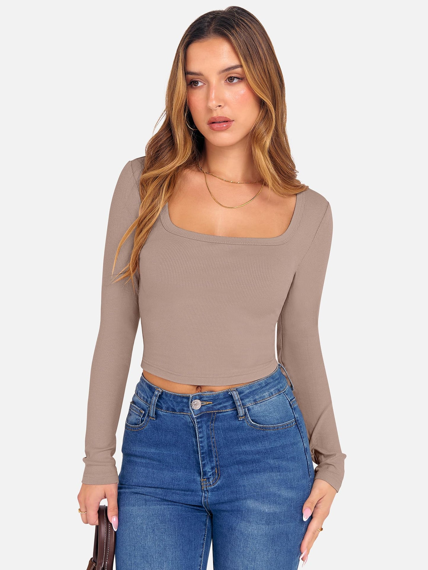 ANRABESS Women's Long Sleeve Crop Top Square Neck Ribbed Slim Fitted Shirts Casual Workout Basic Tees 2025 Fall Y2k Clothes Khaki Small