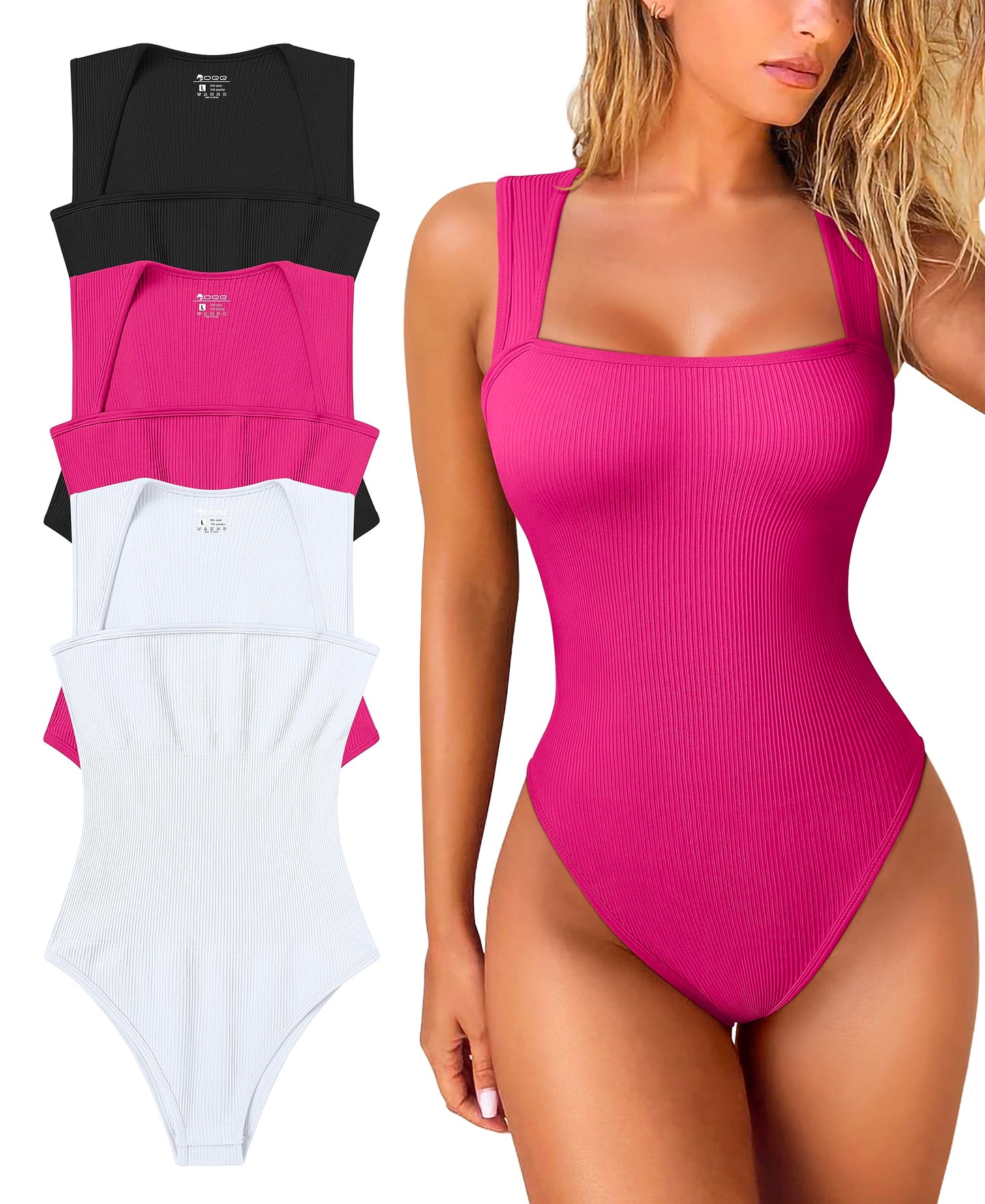 OQQ Women's 3 Piece Bodysuits Sexy Ribbed Strappy Square Neck Sleeveless Tummy Control Tank Tops Bodysuits Black Coffee Beige