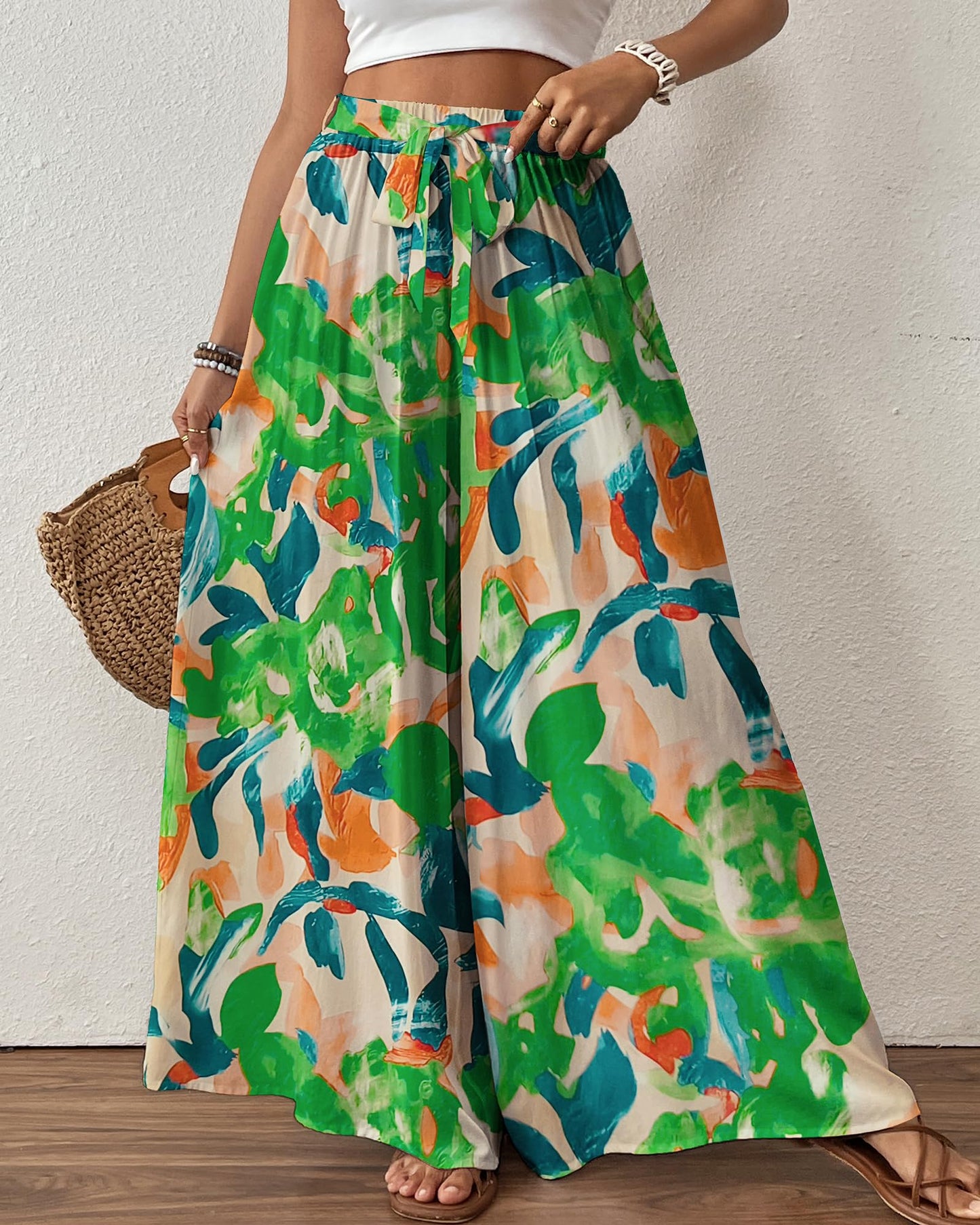 Bsubseach Wide Leg Pants Woman Flowy Floral Palazzo Pants for Women High Waisted Summer Casual Trousers Cruise Outfits Dark Green XS