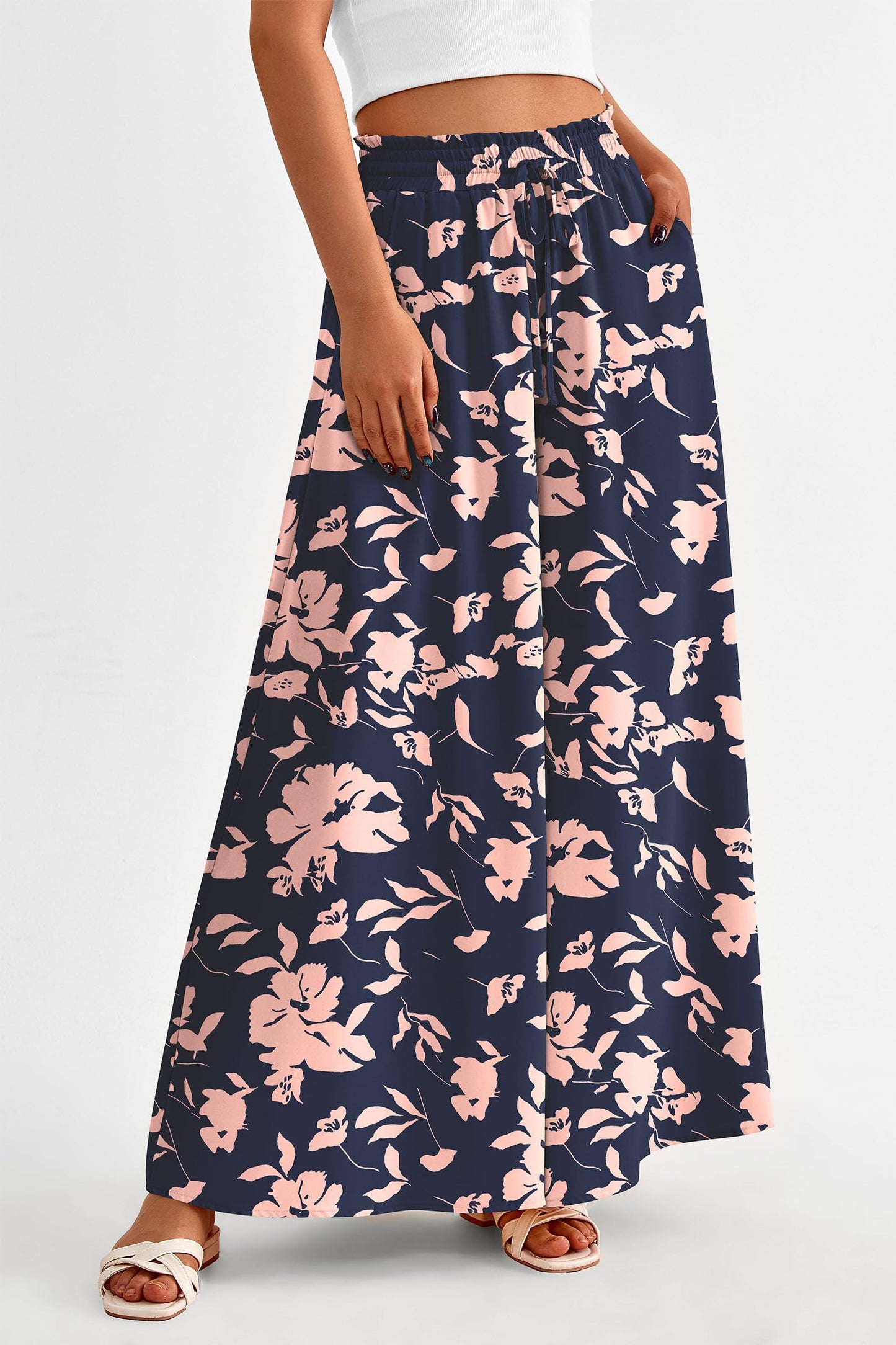 PRETTYGARDEN Women's 2025 Summer Wide Leg Palazzo Pants High Waisted Flowy Pockets Trendy Casual Lounge Boho Beach Trousers (Print Black,Small)
