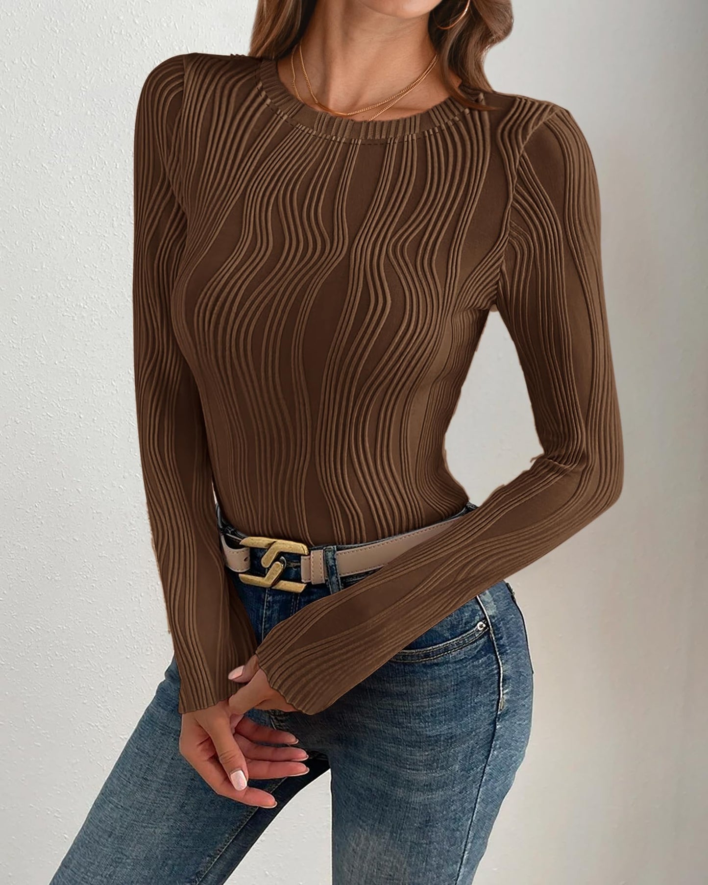 PRETTYGARDEN Women's Tops 2025 Spring Fashion Long Sleeve Crewneck Blouses Slim Fit Shirts Textured Knit Basic T Shirts(Khaki,Large)
