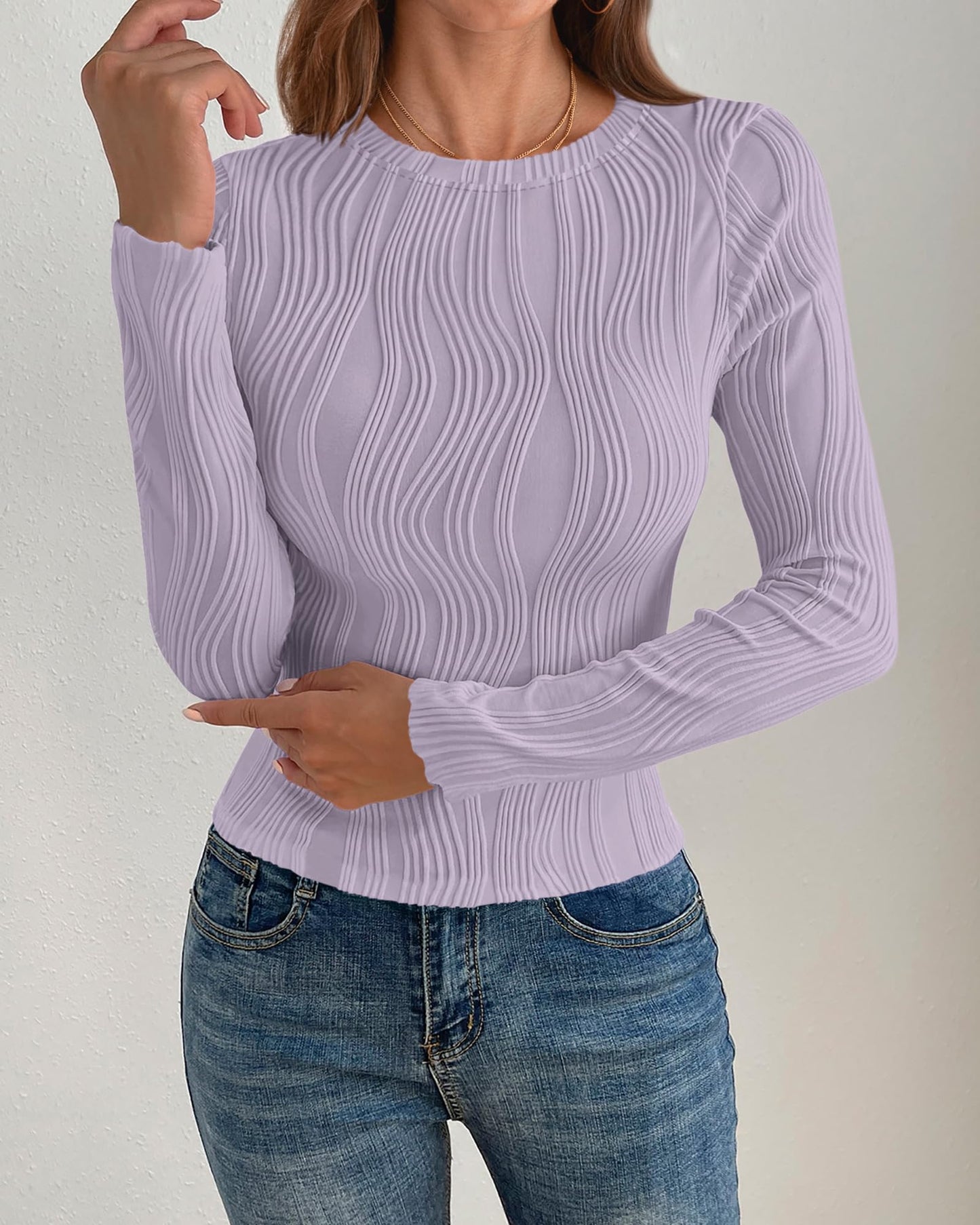 PRETTYGARDEN Women's Tops 2025 Spring Fashion Long Sleeve Crewneck Blouses Slim Fit Shirts Textured Knit Basic T Shirts(Khaki,Large)