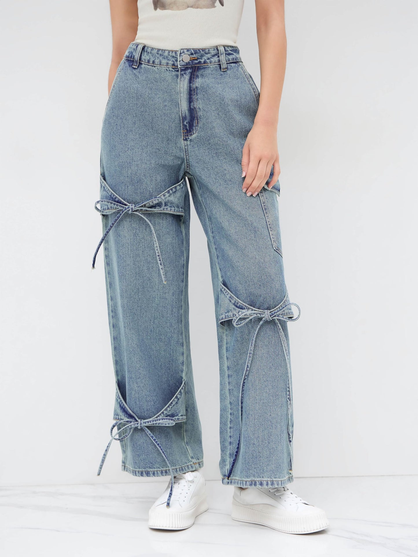 CIDER Baggy Jeans for Women Low Waisted Wide Straight Leg Bow Jeans Denim Pants Beige