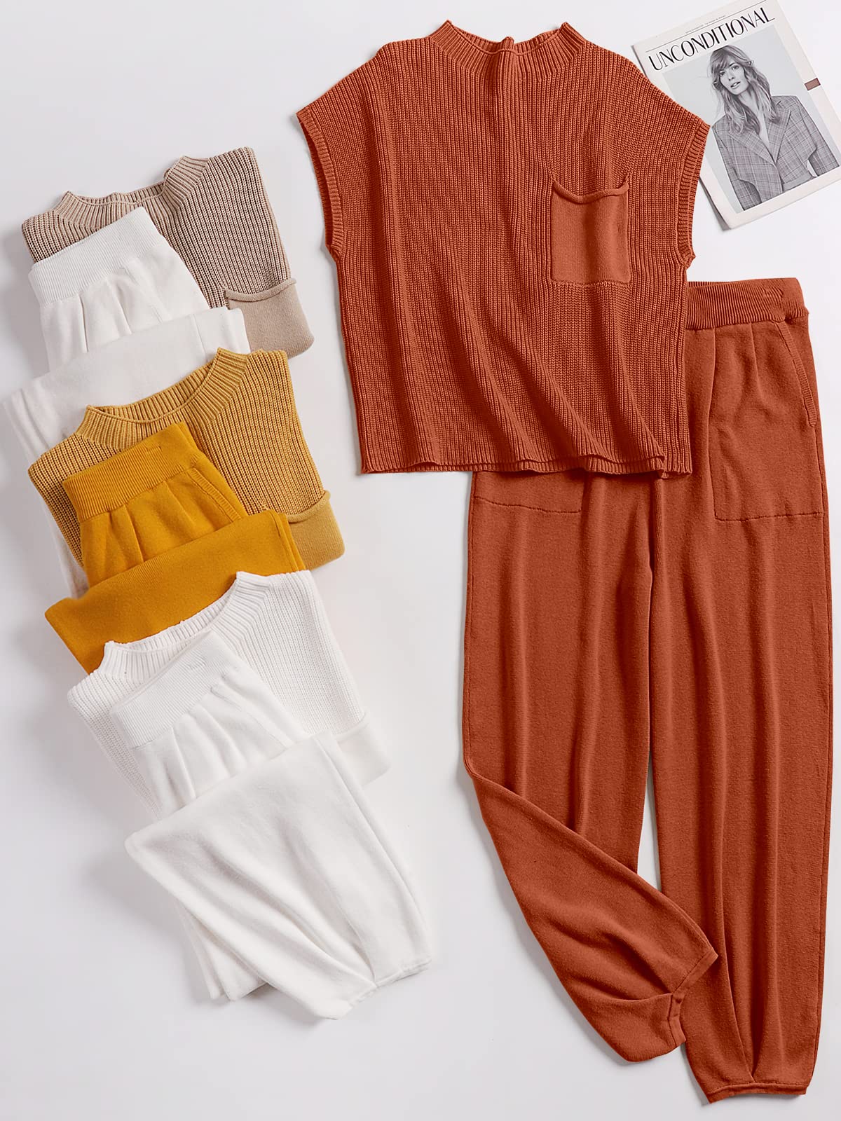ANRABESS Women's Two Piece Outfits Knit Sweater Vest Crop Top Pants Lounge Matching Tracksuit Sweatsuit Travel Clothes Sets Pink X-Small