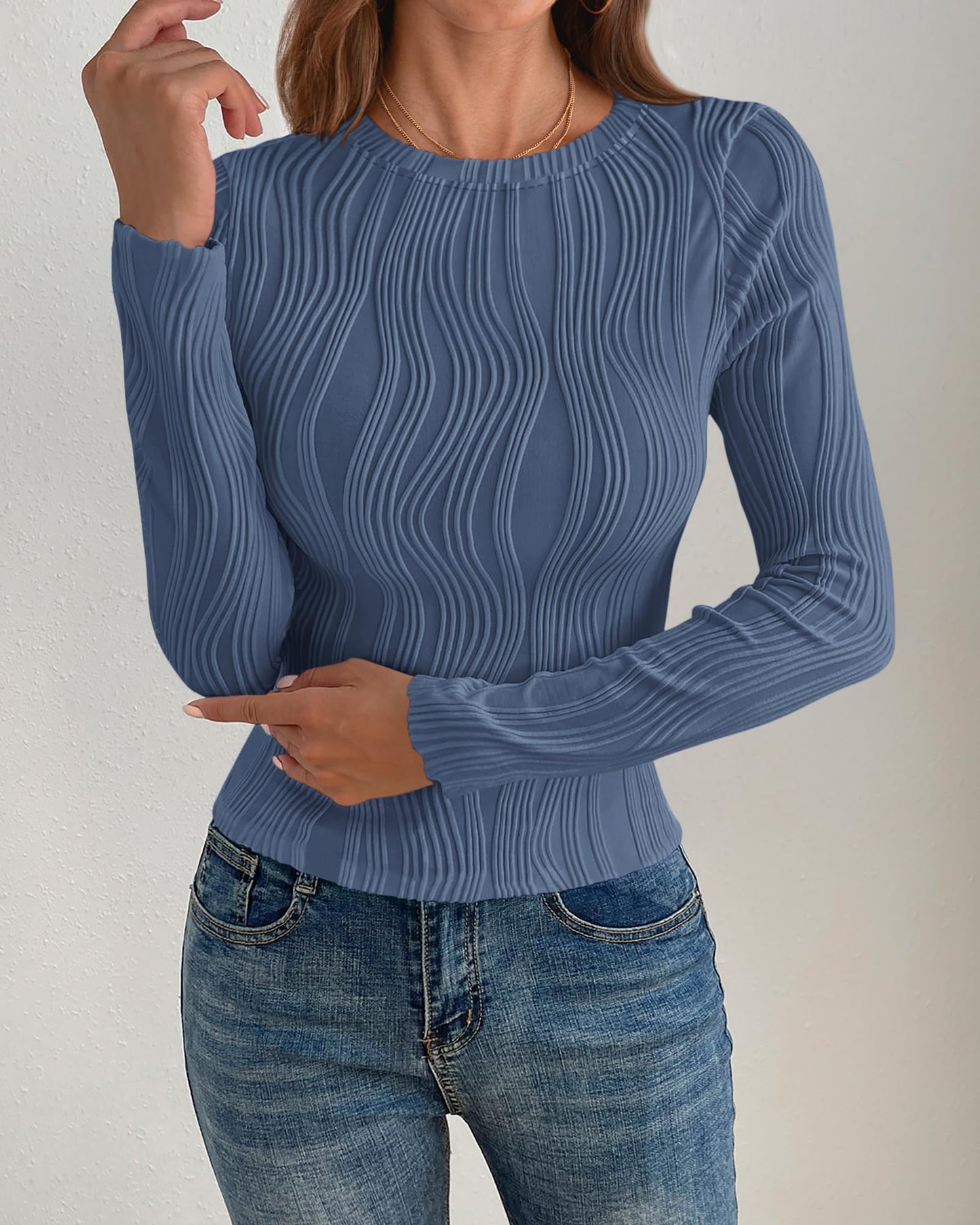PRETTYGARDEN Women's Tops 2025 Spring Fashion Long Sleeve Crewneck Blouses Slim Fit Shirts Textured Knit Basic T Shirts(Khaki,Large)