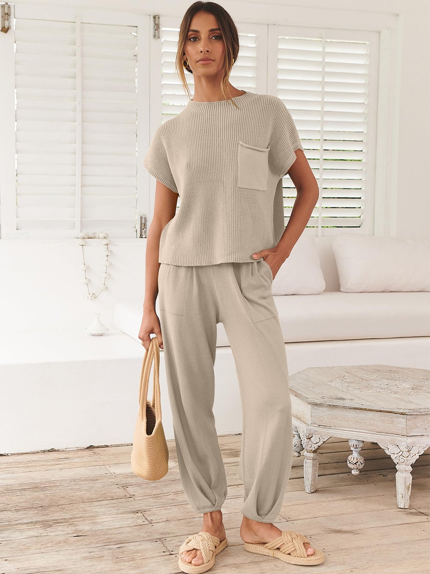 ANRABESS Women's Two Piece Outfits Knit Sweater Vest Crop Top Pants Lounge Matching Tracksuit Sweatsuit Travel Clothes Sets Pink X-Small