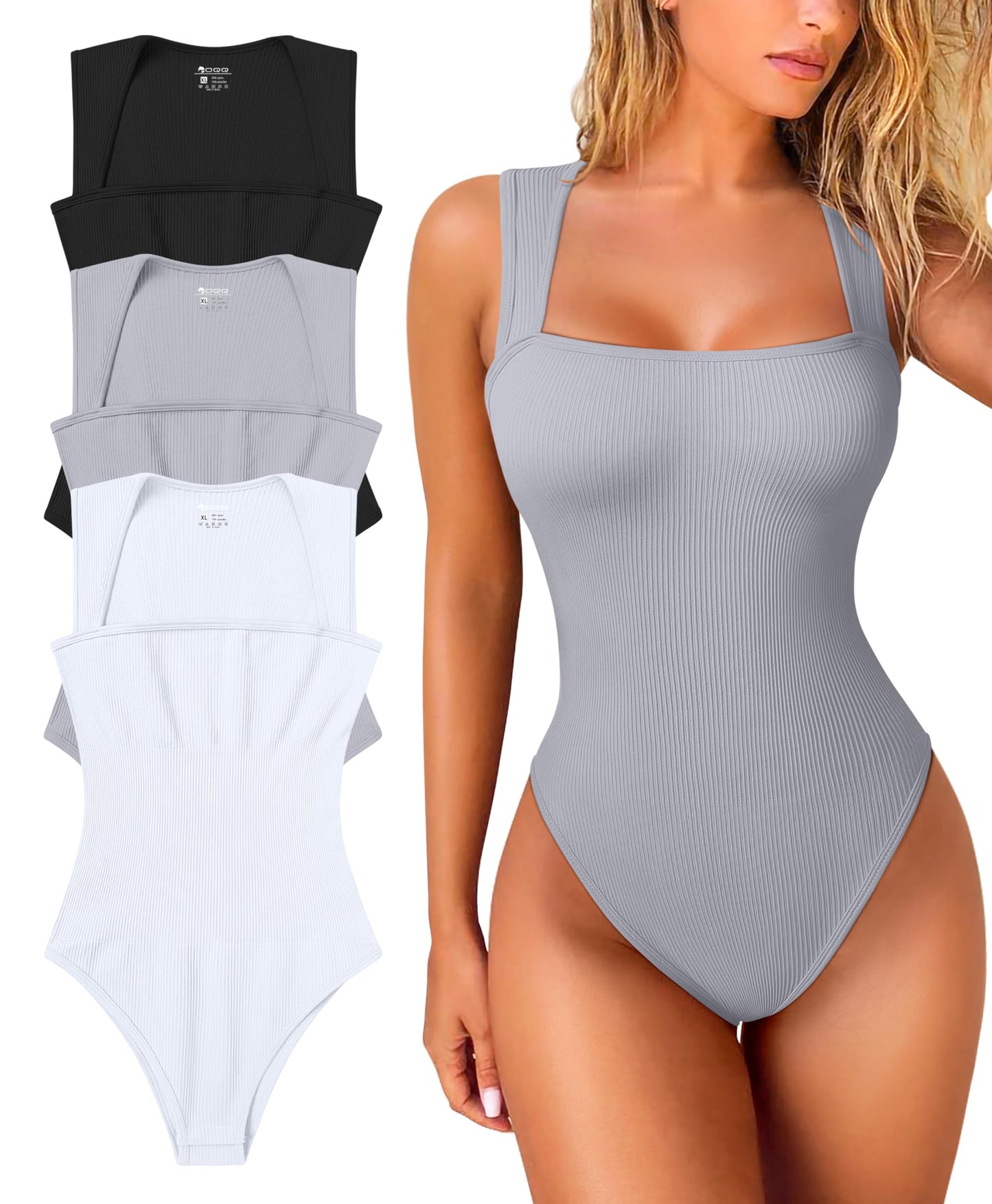 OQQ Women's 3 Piece Bodysuits Sexy Ribbed Strappy Square Neck Sleeveless Tummy Control Tank Tops Bodysuits Black Coffee Beige