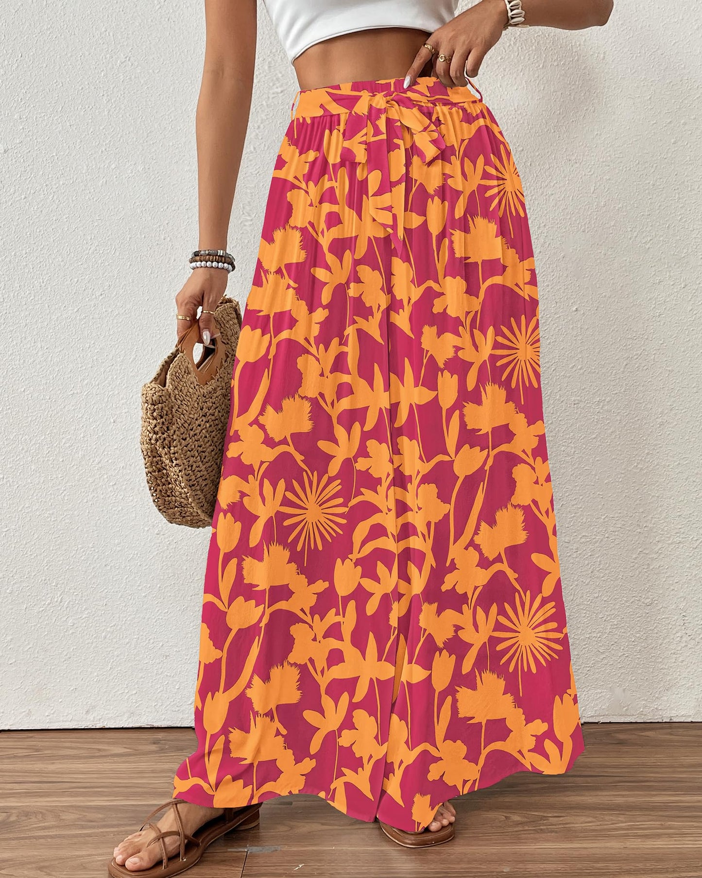 Bsubseach Wide Leg Pants Woman Flowy Floral Palazzo Pants for Women High Waisted Summer Casual Trousers Cruise Outfits Dark Green XS