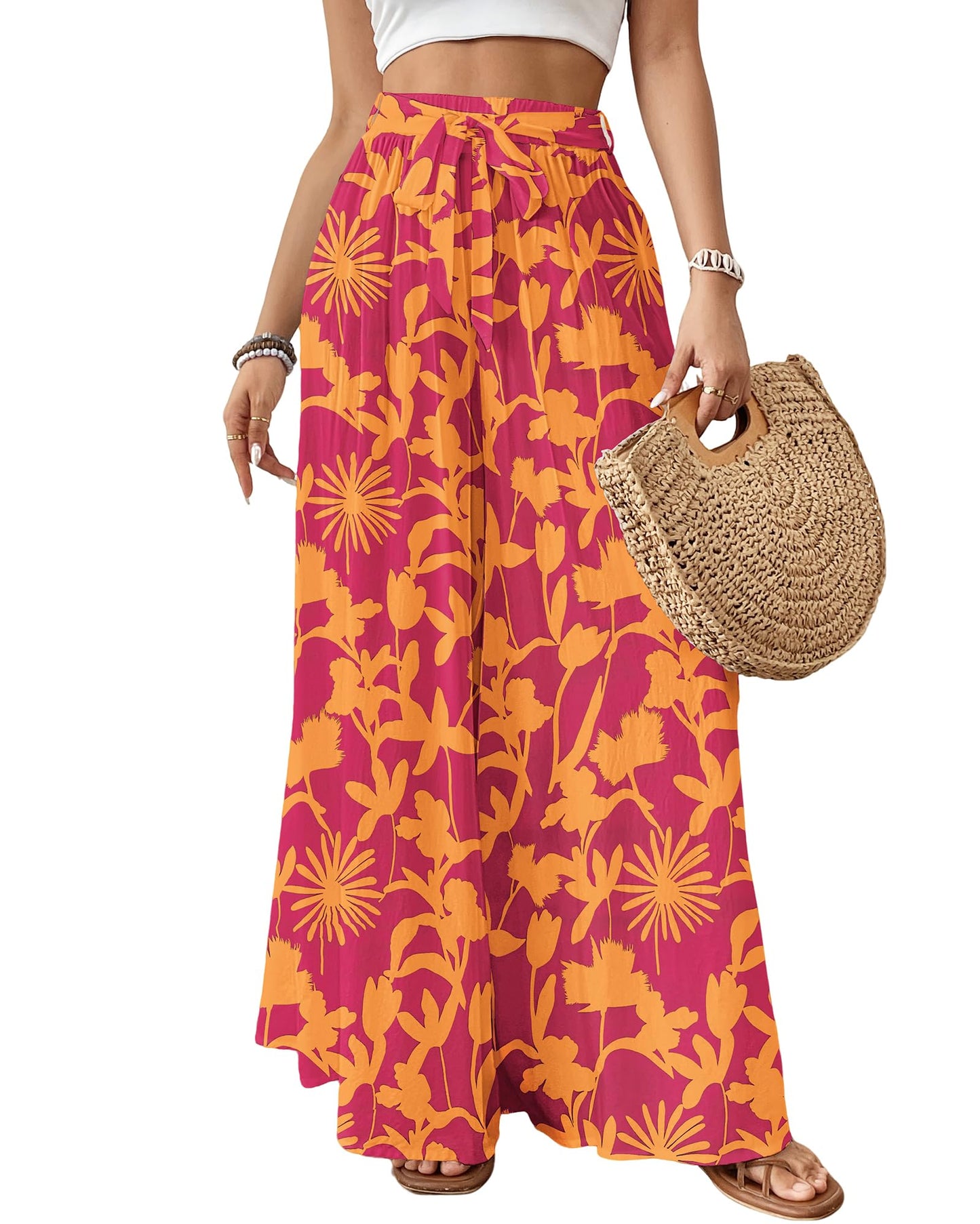 Bsubseach Wide Leg Pants Woman Flowy Floral Palazzo Pants for Women High Waisted Summer Casual Trousers Cruise Outfits Dark Green XS