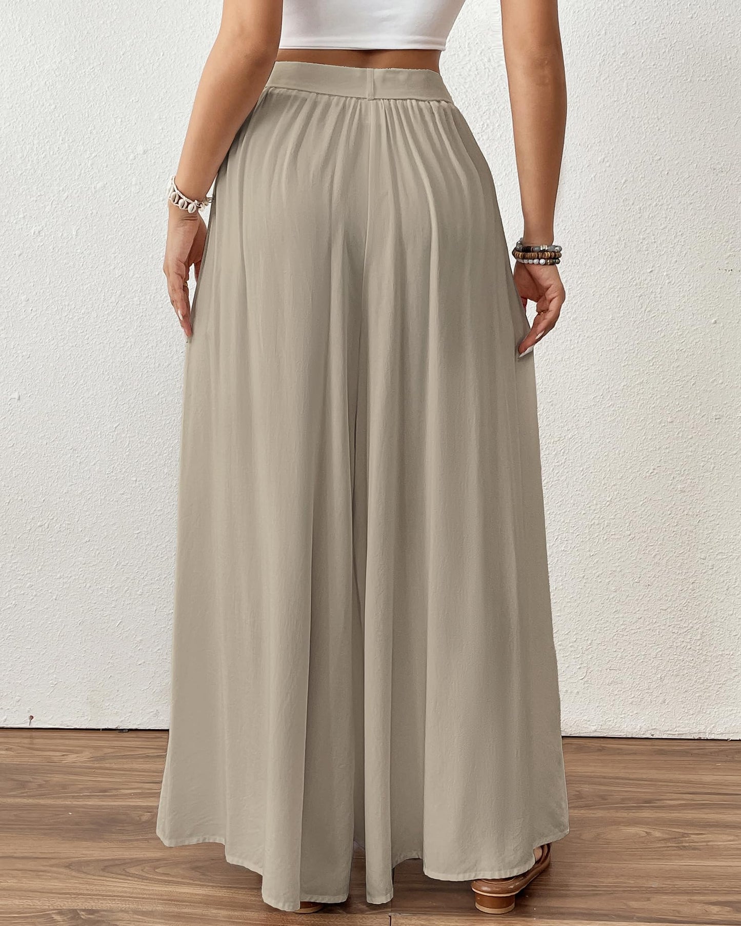 Bsubseach Wide Leg Pants Woman Flowy Floral Palazzo Pants for Women High Waisted Summer Casual Trousers Cruise Outfits Dark Green XS
