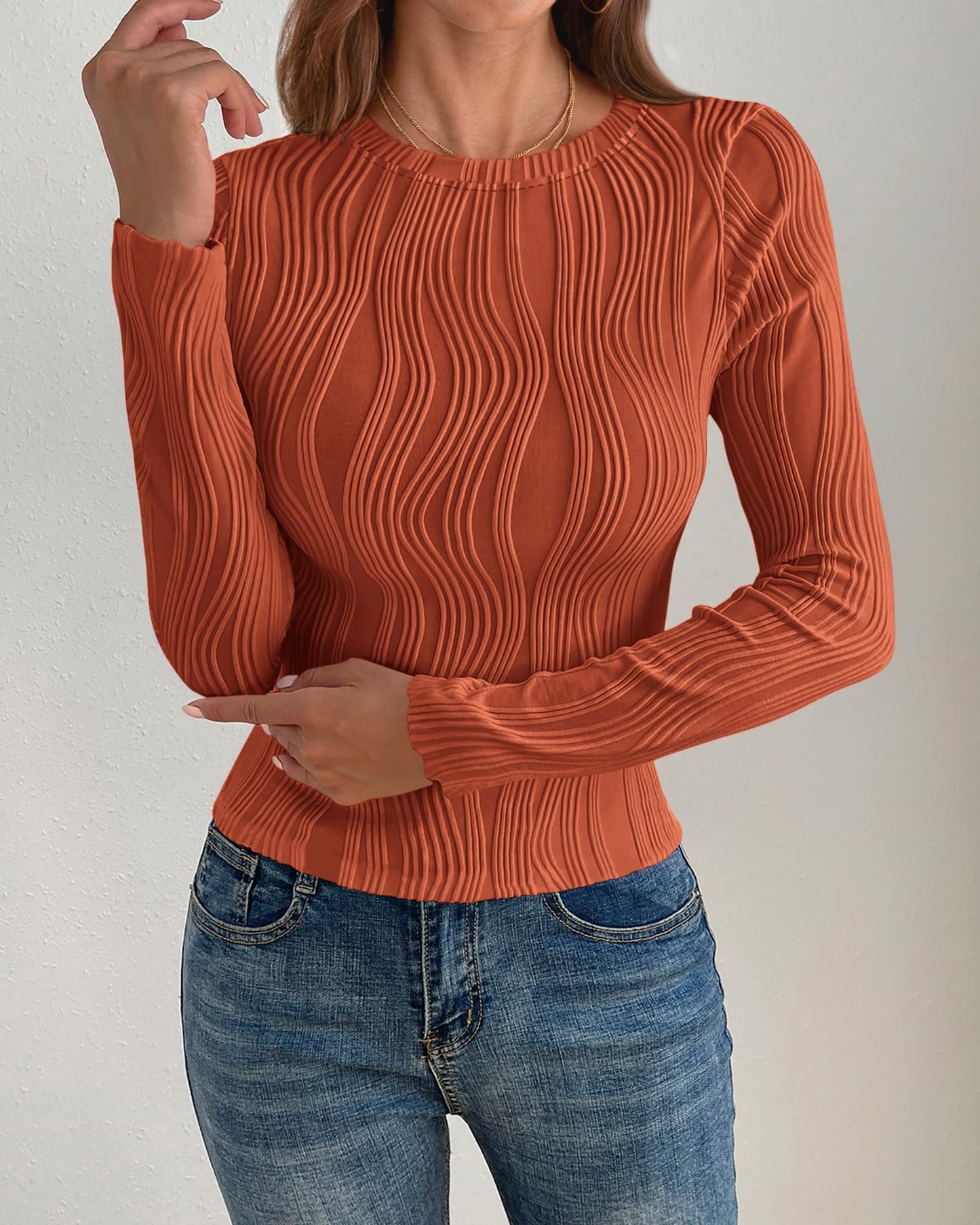 PRETTYGARDEN Women's Tops 2025 Spring Fashion Long Sleeve Crewneck Blouses Slim Fit Shirts Textured Knit Basic T Shirts(Khaki,Large)