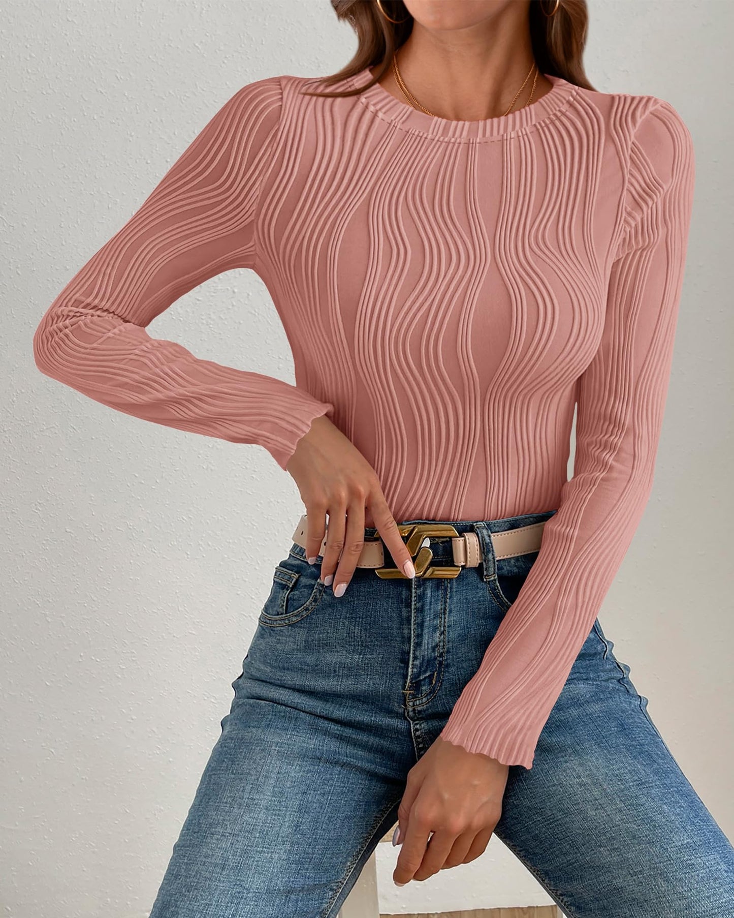 PRETTYGARDEN Women's Tops 2025 Spring Fashion Long Sleeve Crewneck Blouses Slim Fit Shirts Textured Knit Basic T Shirts(Khaki,Large)