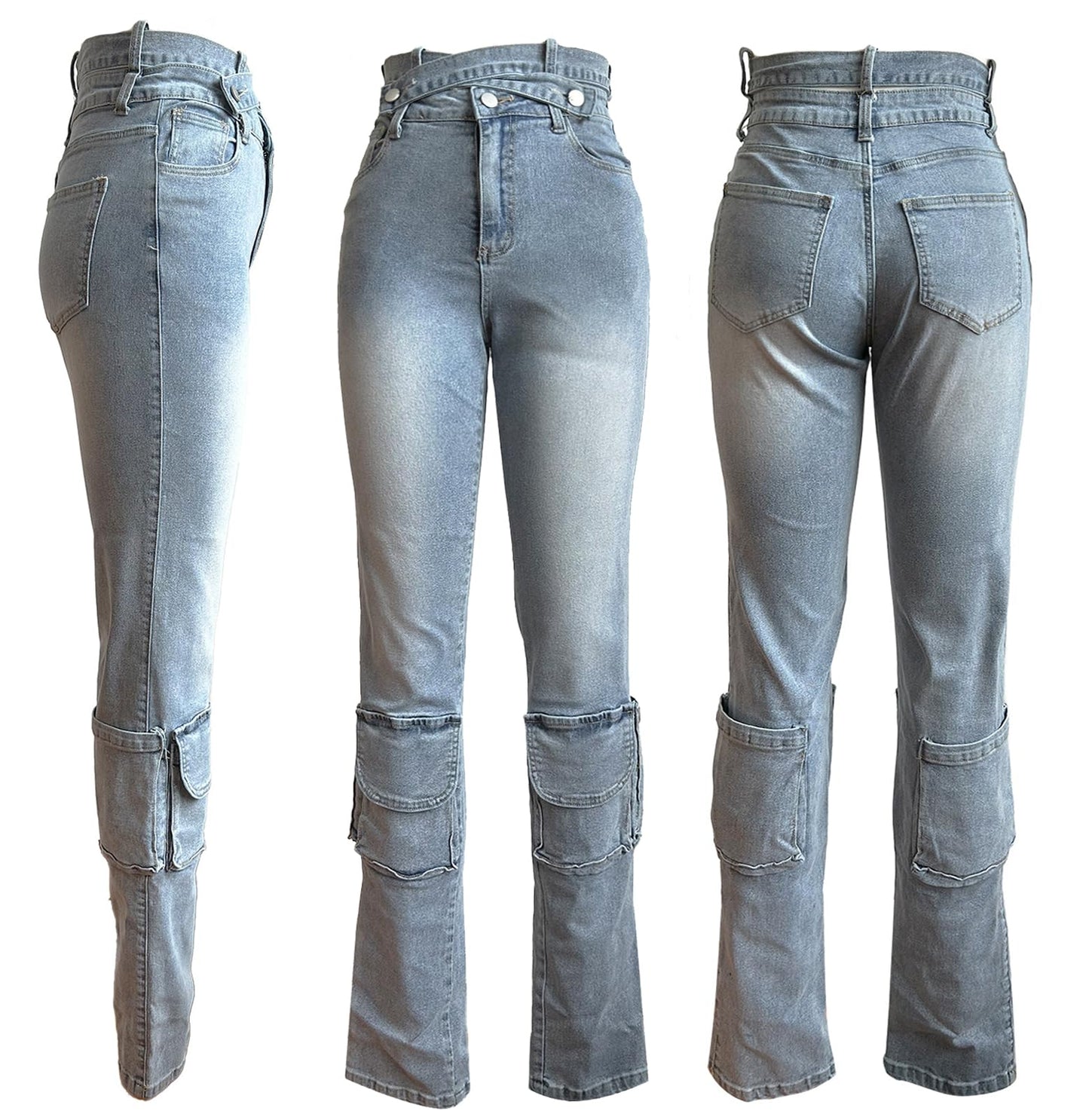 Vakkest Sexy High Waisted Skinny Jeans for Women Bodycon Crossover Stretchy Denim Cargo Pants Streetwear with Pockets