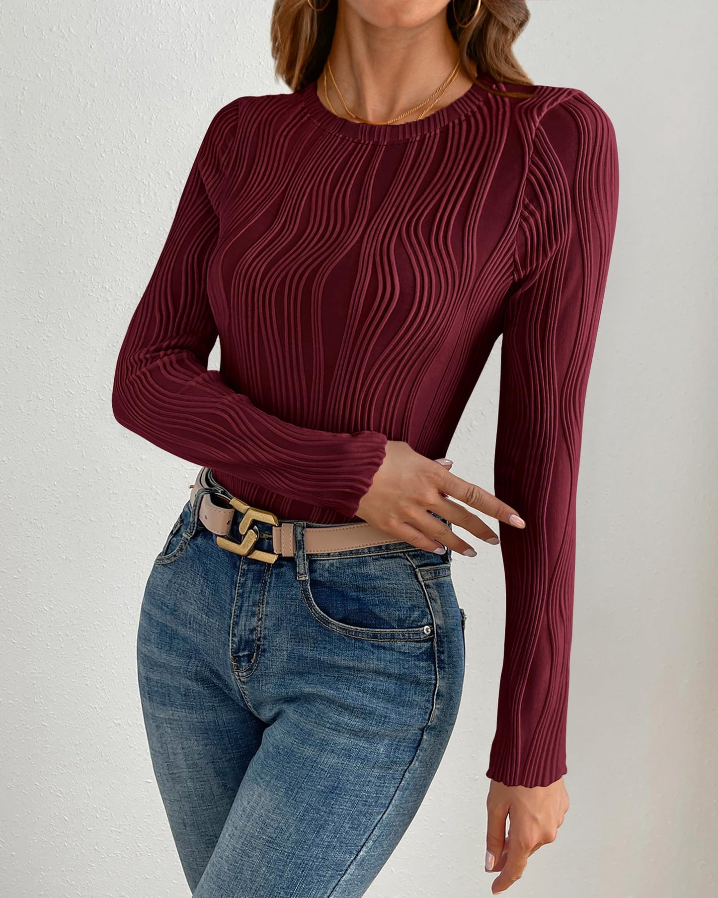 PRETTYGARDEN Women's Tops 2025 Spring Fashion Long Sleeve Crewneck Blouses Slim Fit Shirts Textured Knit Basic T Shirts(Khaki,Large)