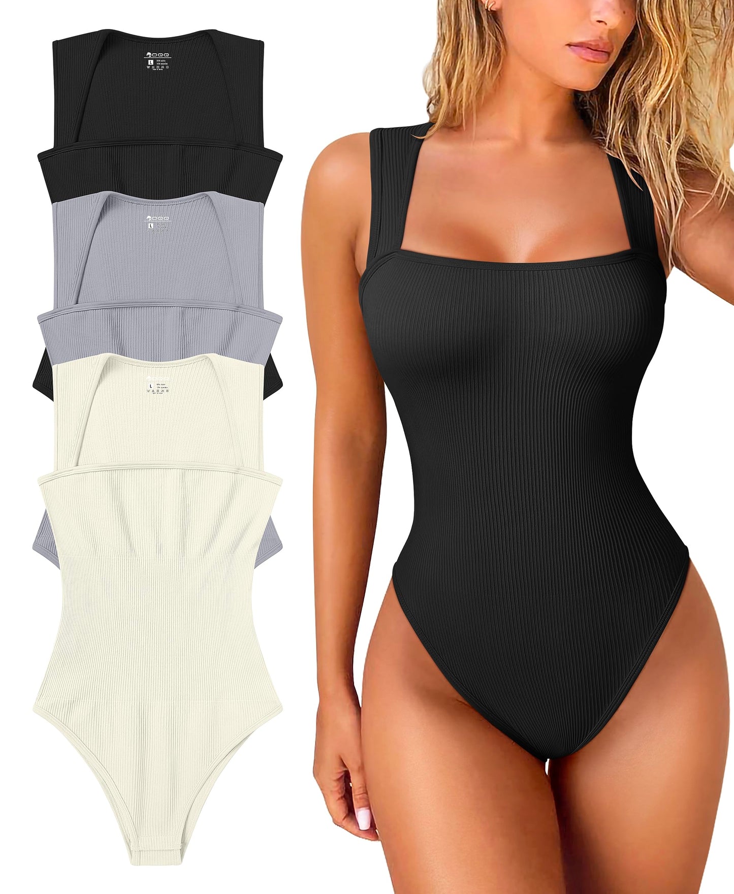 OQQ Women's 3 Piece Bodysuits Sexy Ribbed Strappy Square Neck Sleeveless Tummy Control Tank Tops Bodysuits Black Coffee Beige