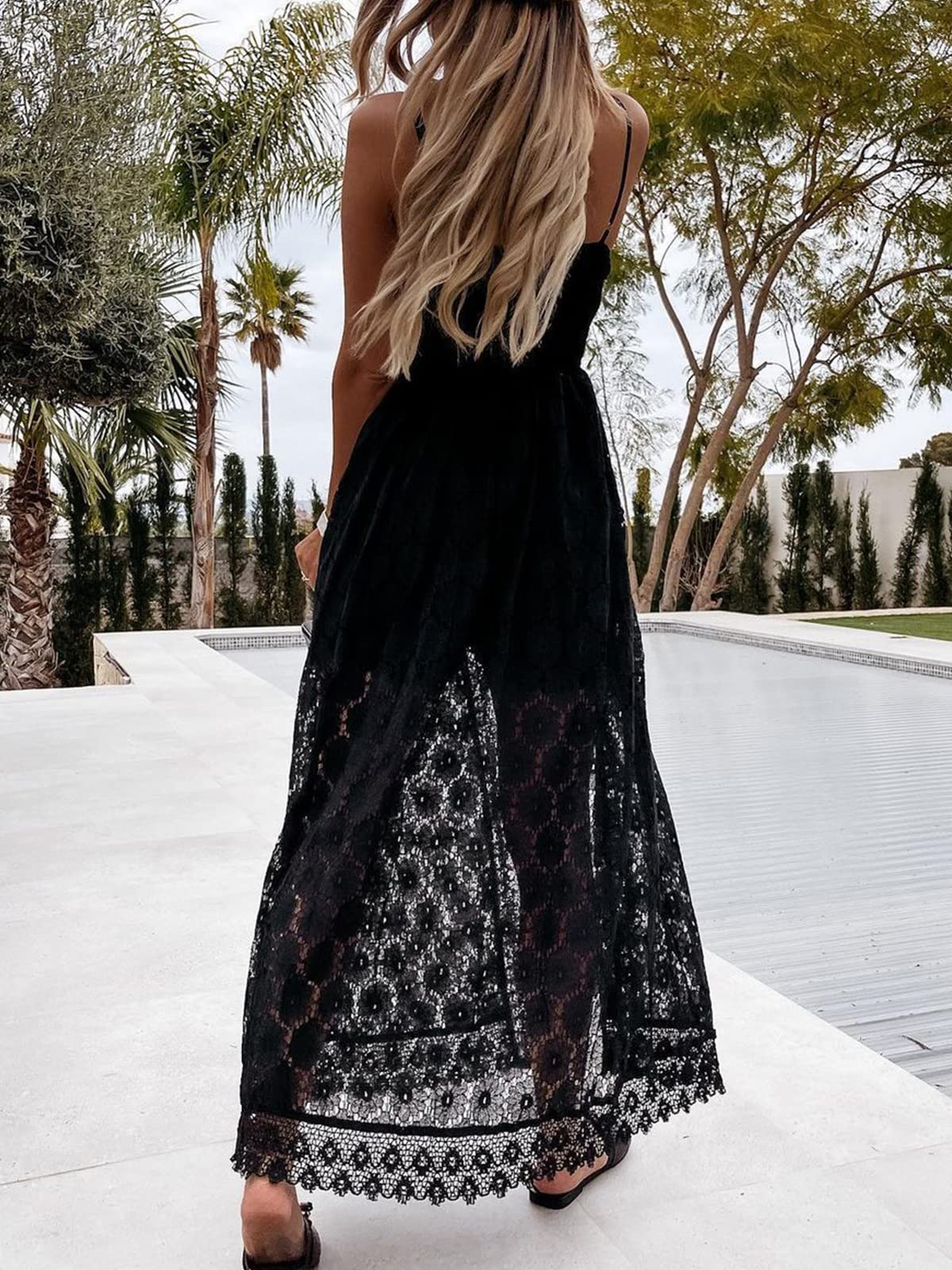 CUPSHE Women's Summer Women Slip Ruching Smocking Jumpsuit Dress V Neck Speghetti Straps Backless Maxi High Low