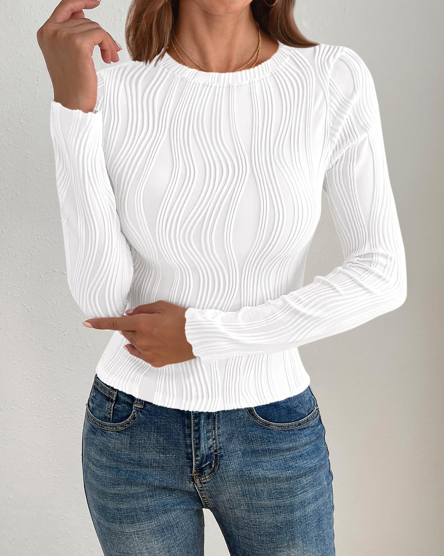 PRETTYGARDEN Women's Tops 2025 Spring Fashion Long Sleeve Crewneck Blouses Slim Fit Shirts Textured Knit Basic T Shirts(Khaki,Large)