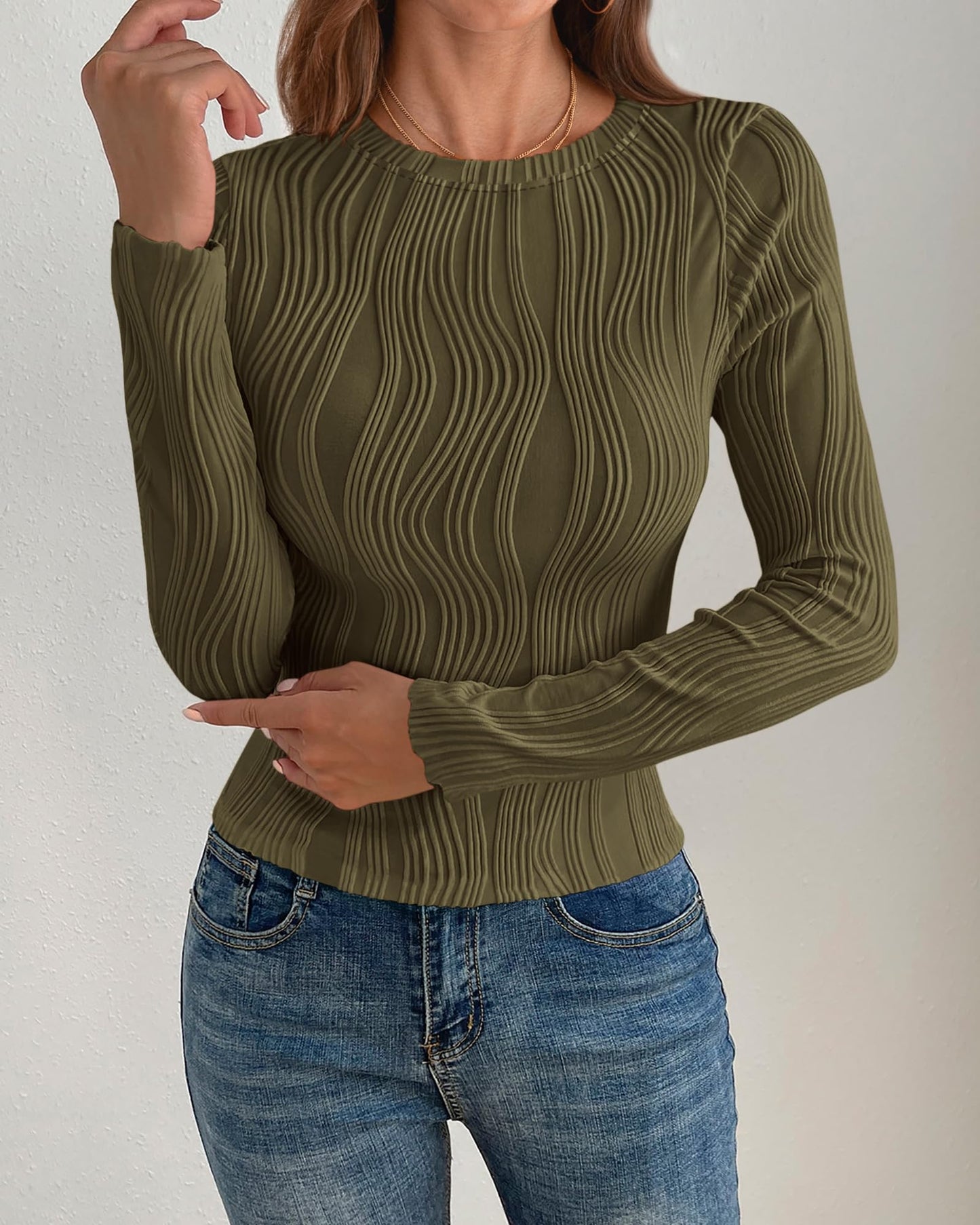 PRETTYGARDEN Women's Tops 2025 Spring Fashion Long Sleeve Crewneck Blouses Slim Fit Shirts Textured Knit Basic T Shirts(Khaki,Large)