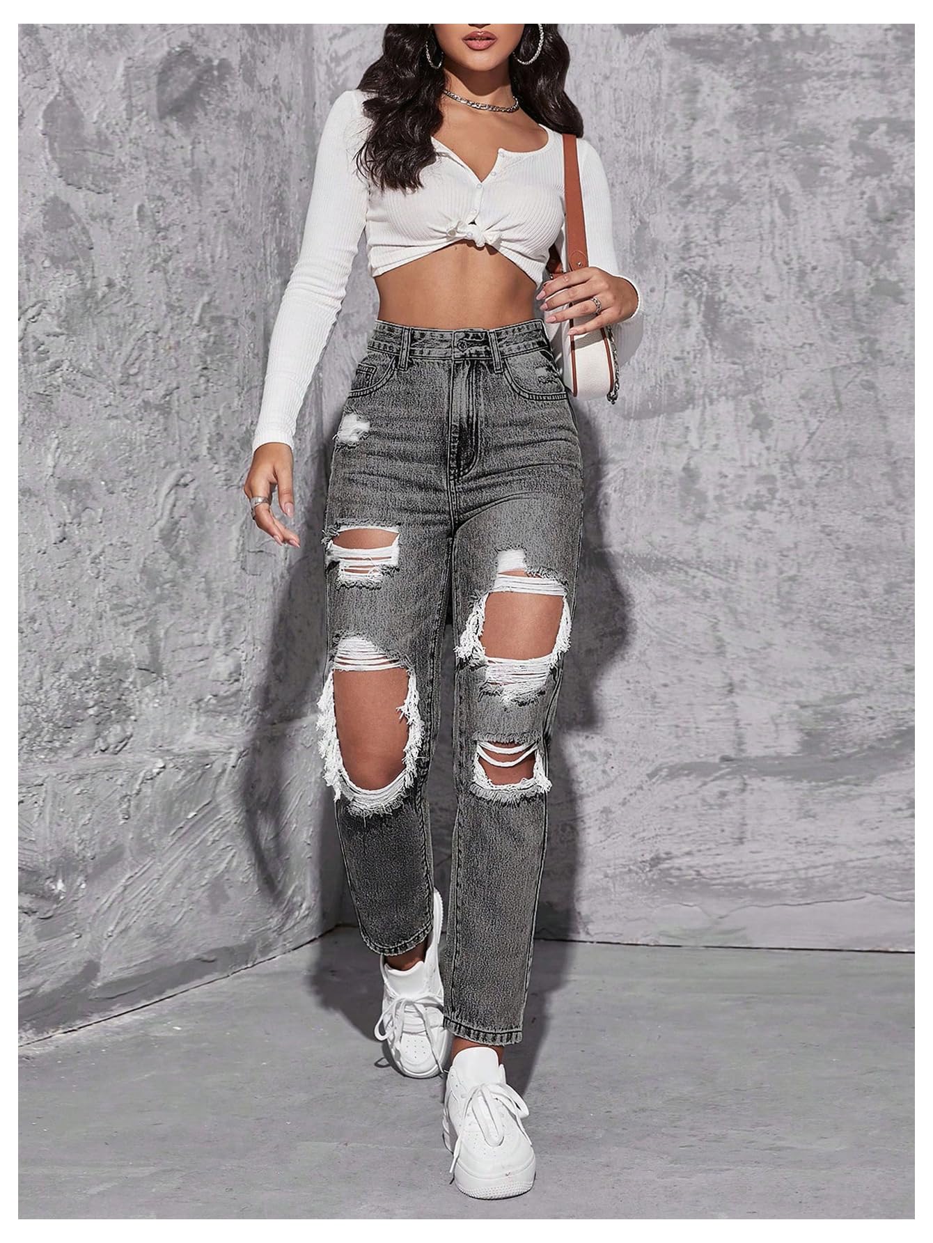 Floerns Women's High Waist Boyfriend Straight Leg Ripped Jeans Distressed Denim Pants Light Blue Large