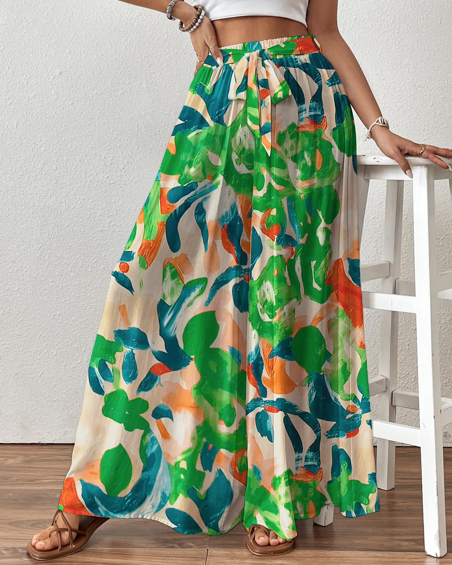 Bsubseach Wide Leg Pants Woman Flowy Floral Palazzo Pants for Women High Waisted Summer Casual Trousers Cruise Outfits Dark Green XS