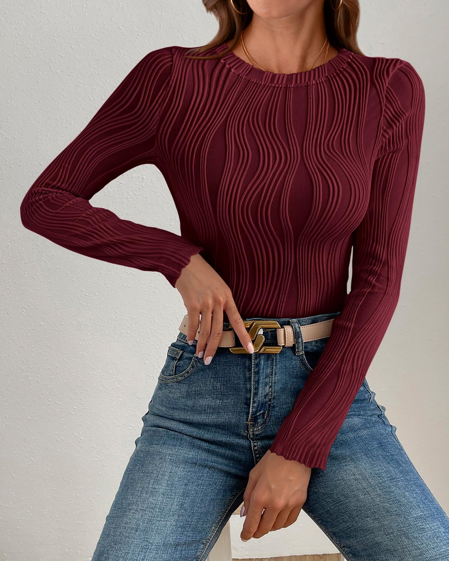 PRETTYGARDEN Women's Tops 2025 Spring Fashion Long Sleeve Crewneck Blouses Slim Fit Shirts Textured Knit Basic T Shirts(Khaki,Large)