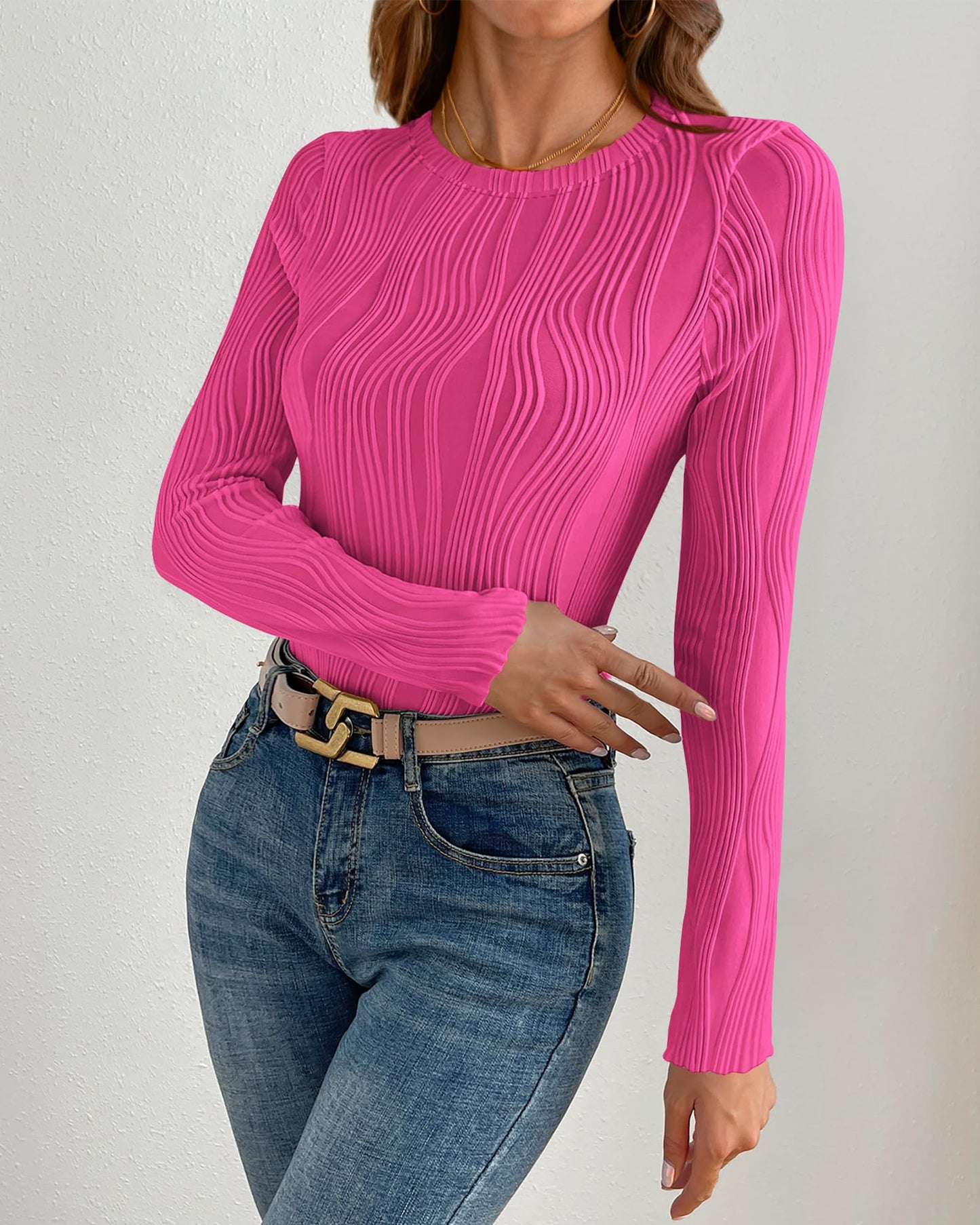 PRETTYGARDEN Women's Tops 2025 Spring Fashion Long Sleeve Crewneck Blouses Slim Fit Shirts Textured Knit Basic T Shirts(Khaki,Large)