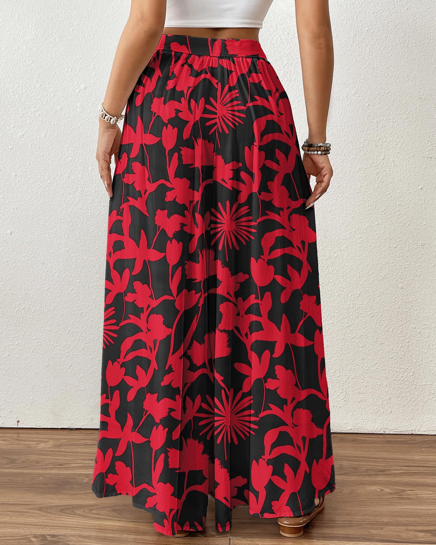 Bsubseach Wide Leg Pants Woman Flowy Floral Palazzo Pants for Women High Waisted Summer Casual Trousers Cruise Outfits Dark Green XS