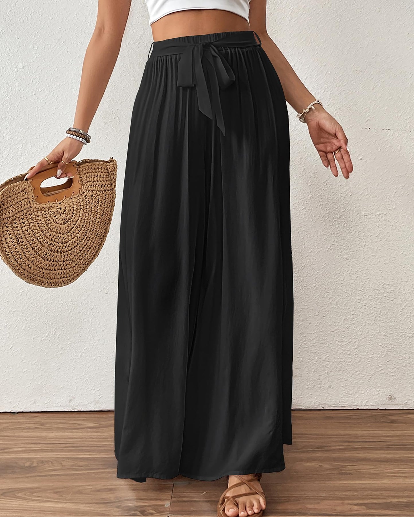 Bsubseach Wide Leg Pants Woman Flowy Floral Palazzo Pants for Women High Waisted Summer Casual Trousers Cruise Outfits Dark Green XS