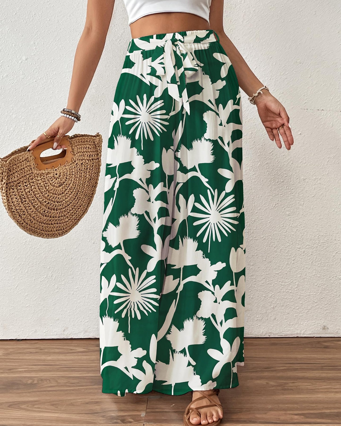 Bsubseach Wide Leg Pants Woman Flowy Floral Palazzo Pants for Women High Waisted Summer Casual Trousers Cruise Outfits Dark Green XS