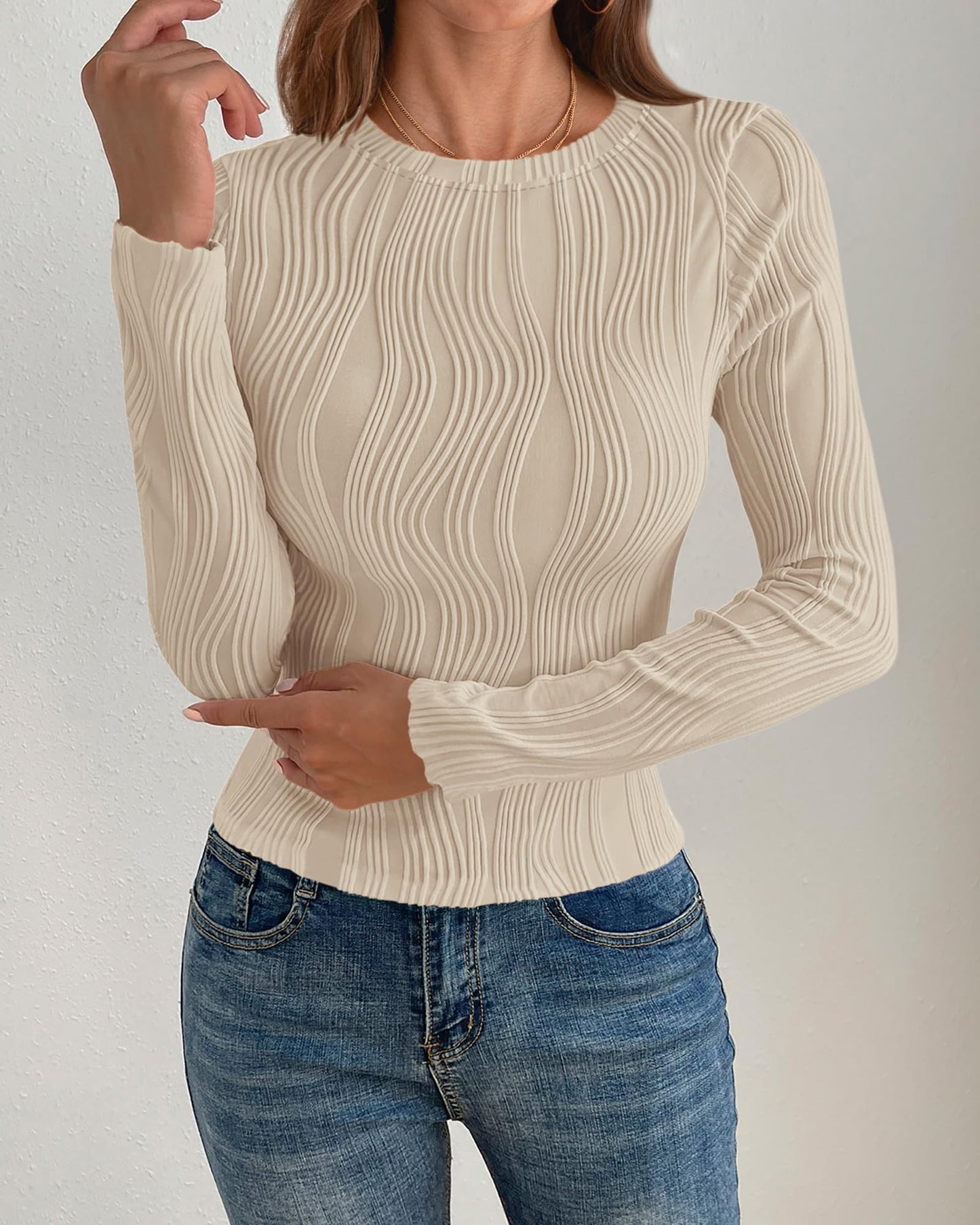 PRETTYGARDEN Women's Tops 2025 Spring Fashion Long Sleeve Crewneck Blouses Slim Fit Shirts Textured Knit Basic T Shirts(Khaki,Large)