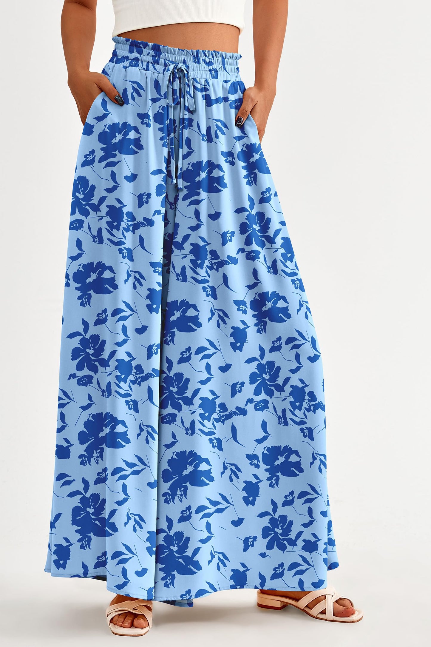PRETTYGARDEN Women's 2025 Summer Wide Leg Palazzo Pants High Waisted Flowy Pockets Trendy Casual Lounge Boho Beach Trousers (Print Black,Small)